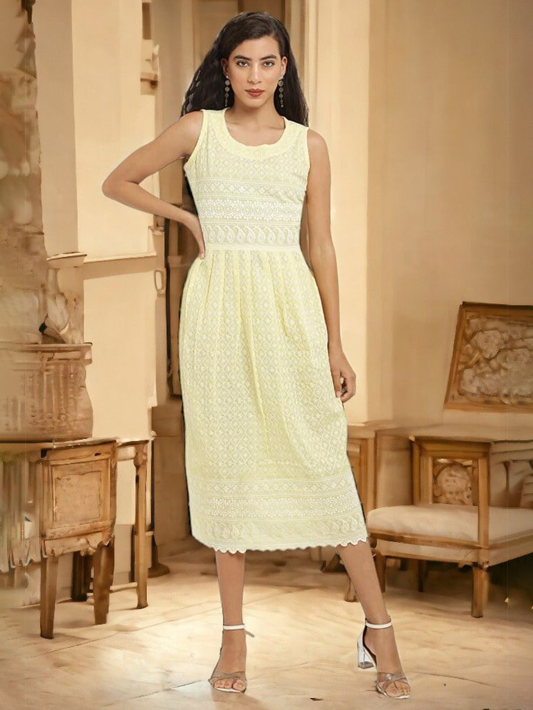 

Vastrasky Global Ethnic Motifs Embroidered Gathered Midi A-Line, Yellow