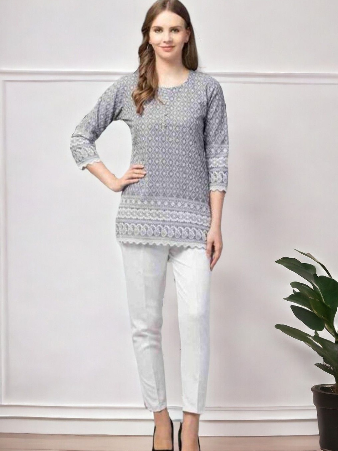 

Vastrasky Global Ethnic Motifs Embroidered Thread Work Straight Kurti, Grey