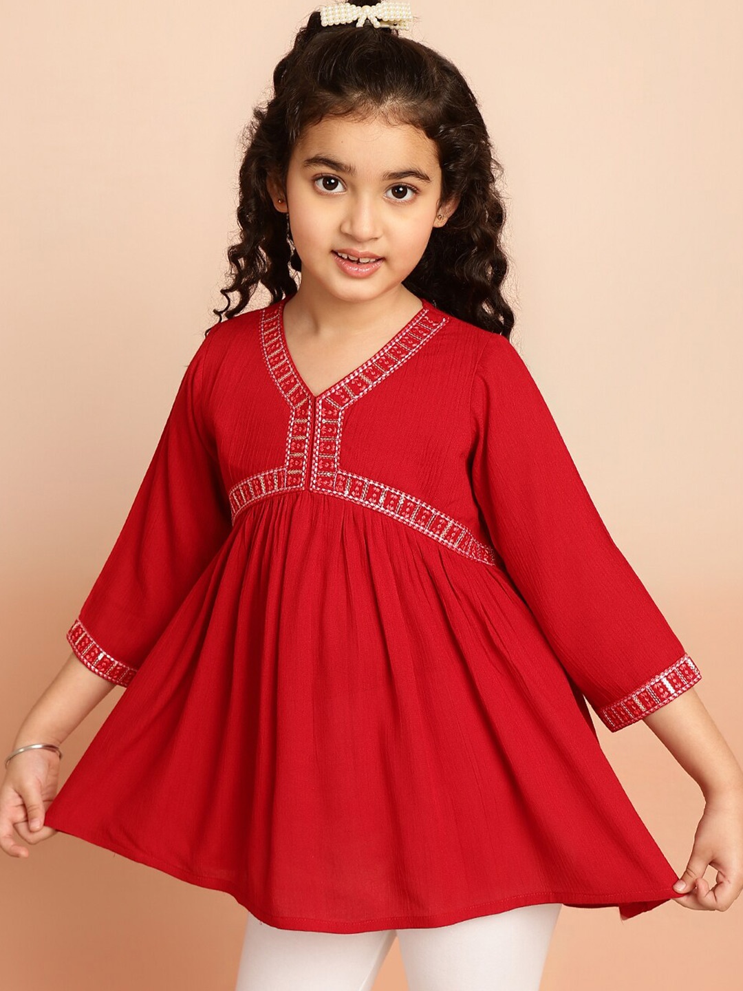 

BAESD Embroidered V-Neck Three-Quarter Sleeves A-Line Party Top, Maroon