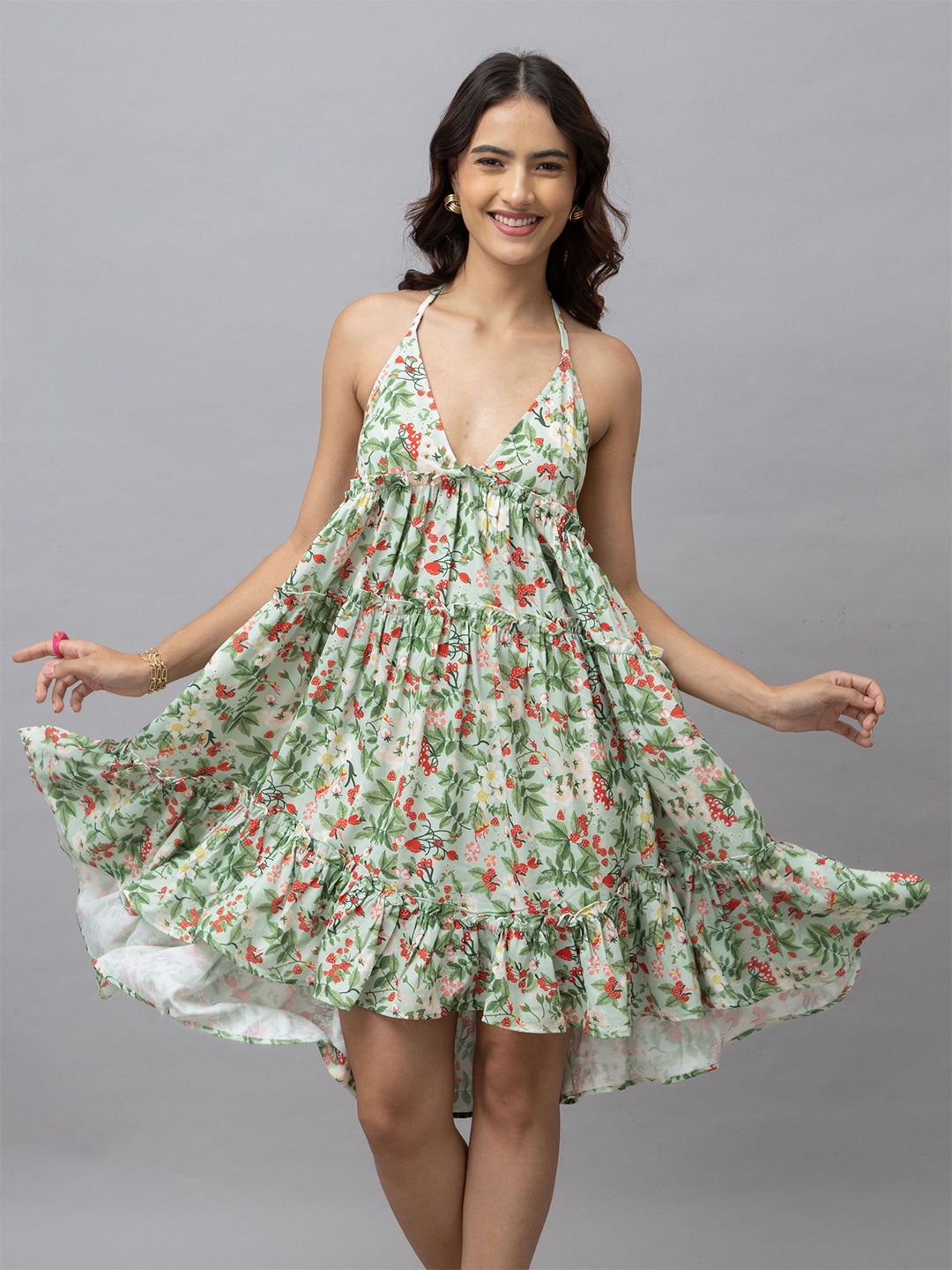 

HAUTEQUE Floral Printed Halter Neck Empire Dress, Green