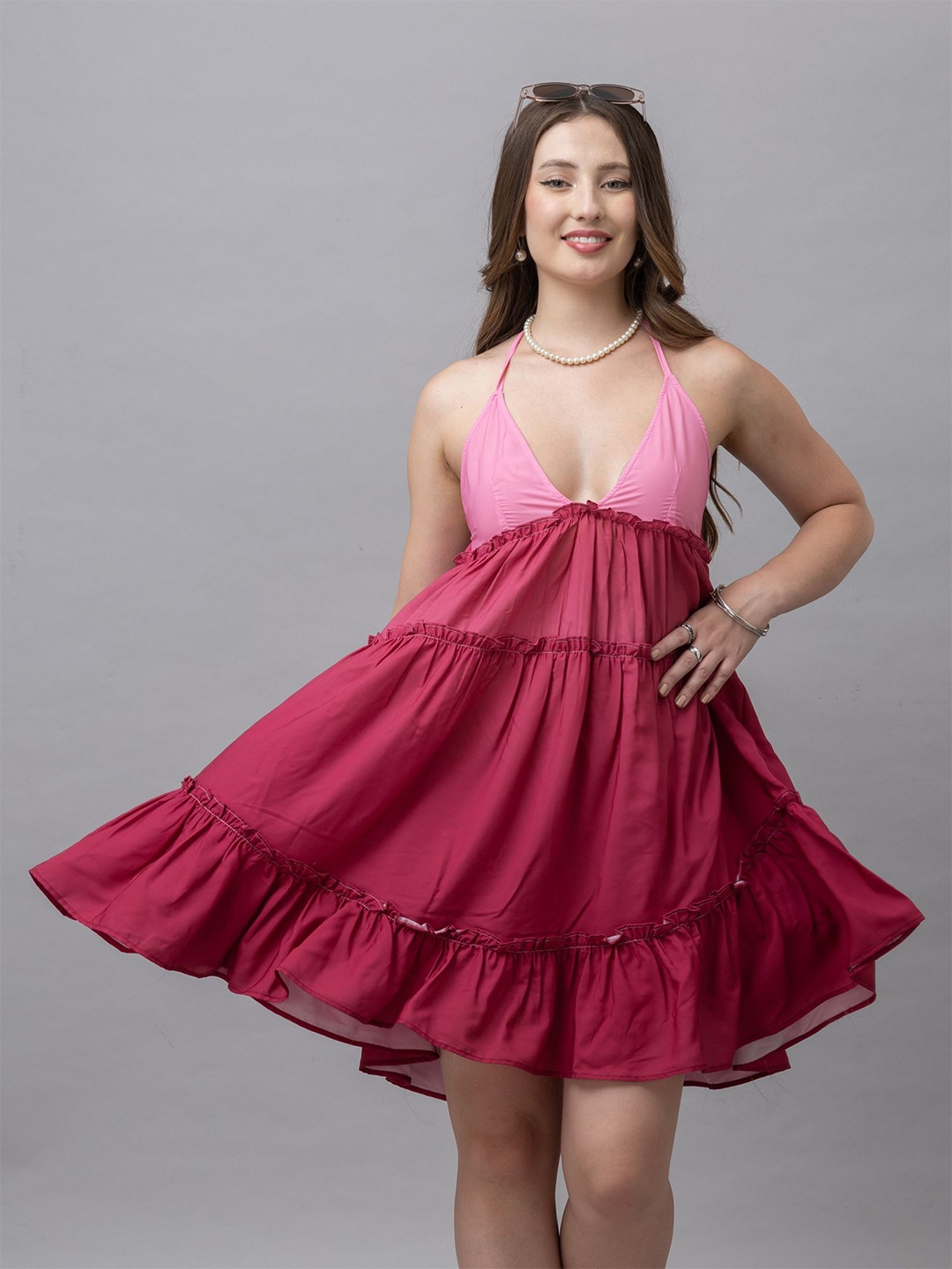 

HAUTEQUE Halter Neck Tiered Fit & Flare Mini Dress, Pink