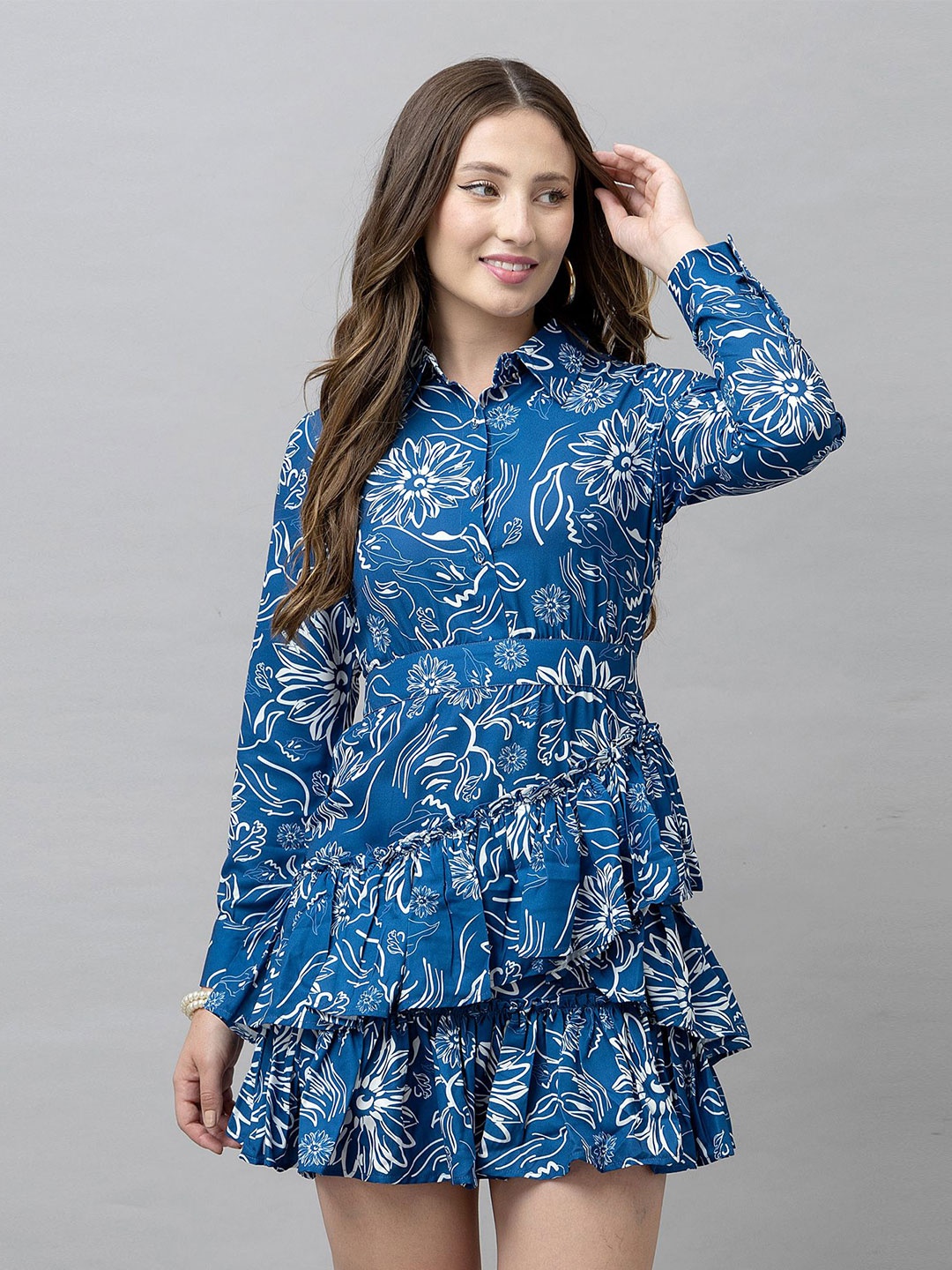 

HAUTEQUE Floral Print Shirt Collar Cuffed Sleeves Tiered Fit & Flare Dress, Blue