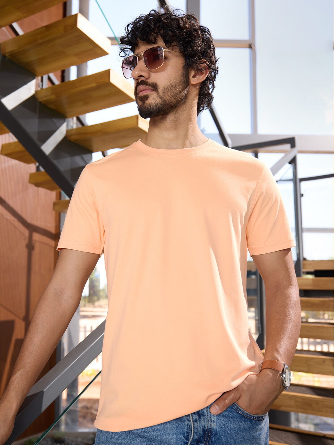 

The Souled Store Round Neck Short Sleeves Regular Fit Supima Cotton T-shirt, Peach