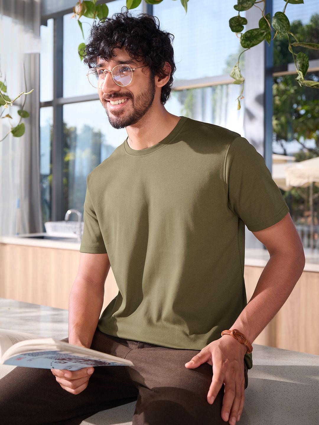 

The Souled Store Round Neck Short Sleeves Regular Fit Supima Cotton T-shirt, Olive