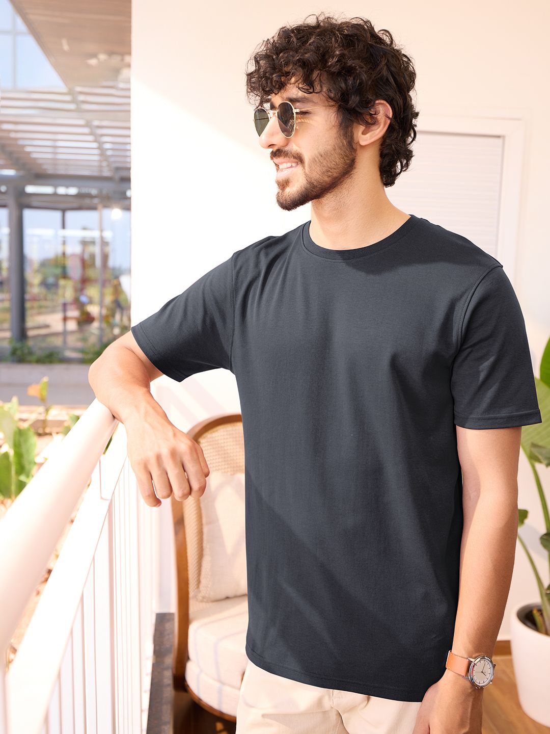 

The Souled Store Men Solid Round Neck Supima Cotton T-shirt, Charcoal