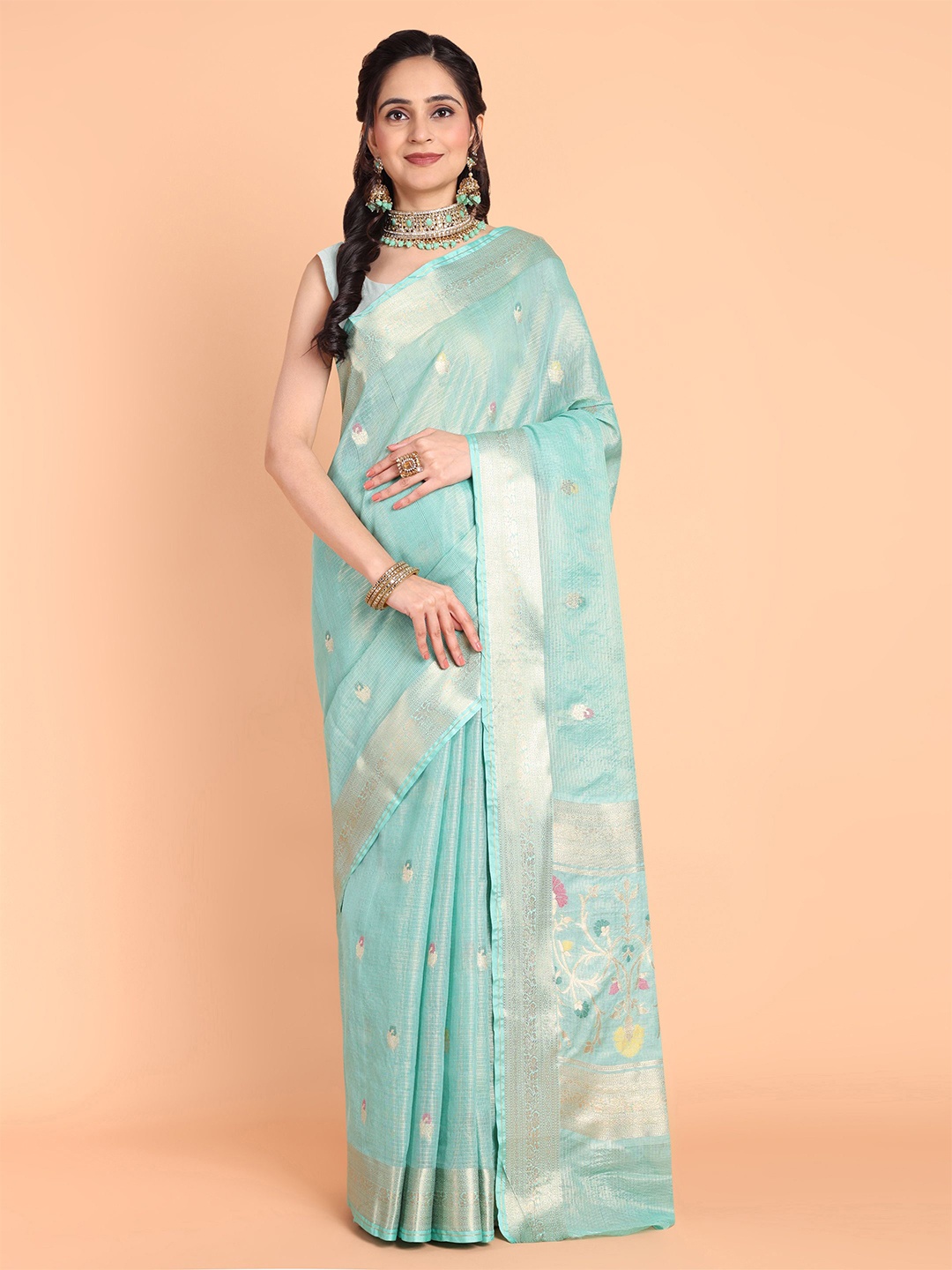 

MAGMINA Woven Design Zari Banarasi Saree, Turquoise blue