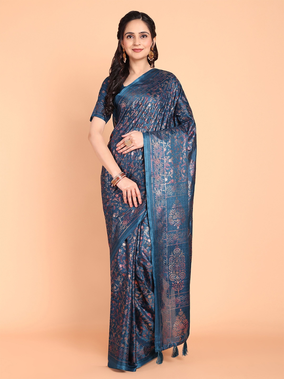 

MAGMINA Floral Banarasi Printed Saree, Turquoise blue