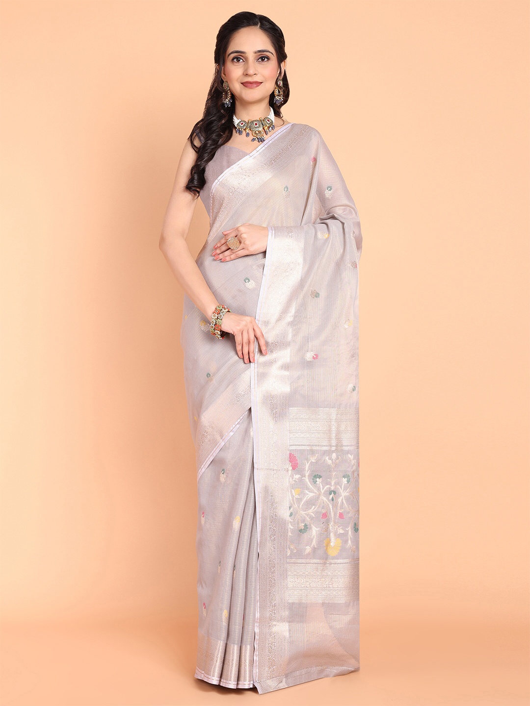

MAGMINA Ethnic Motifs Zari Banarasi Saree, Grey
