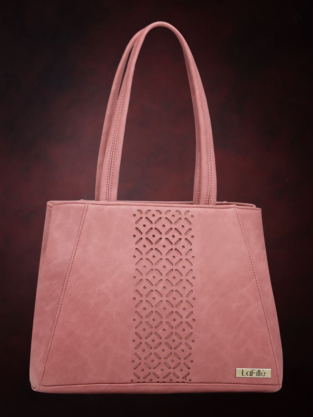 

LaFille Geometric PU Structured Shoulder Bag with Cut Work, Peach