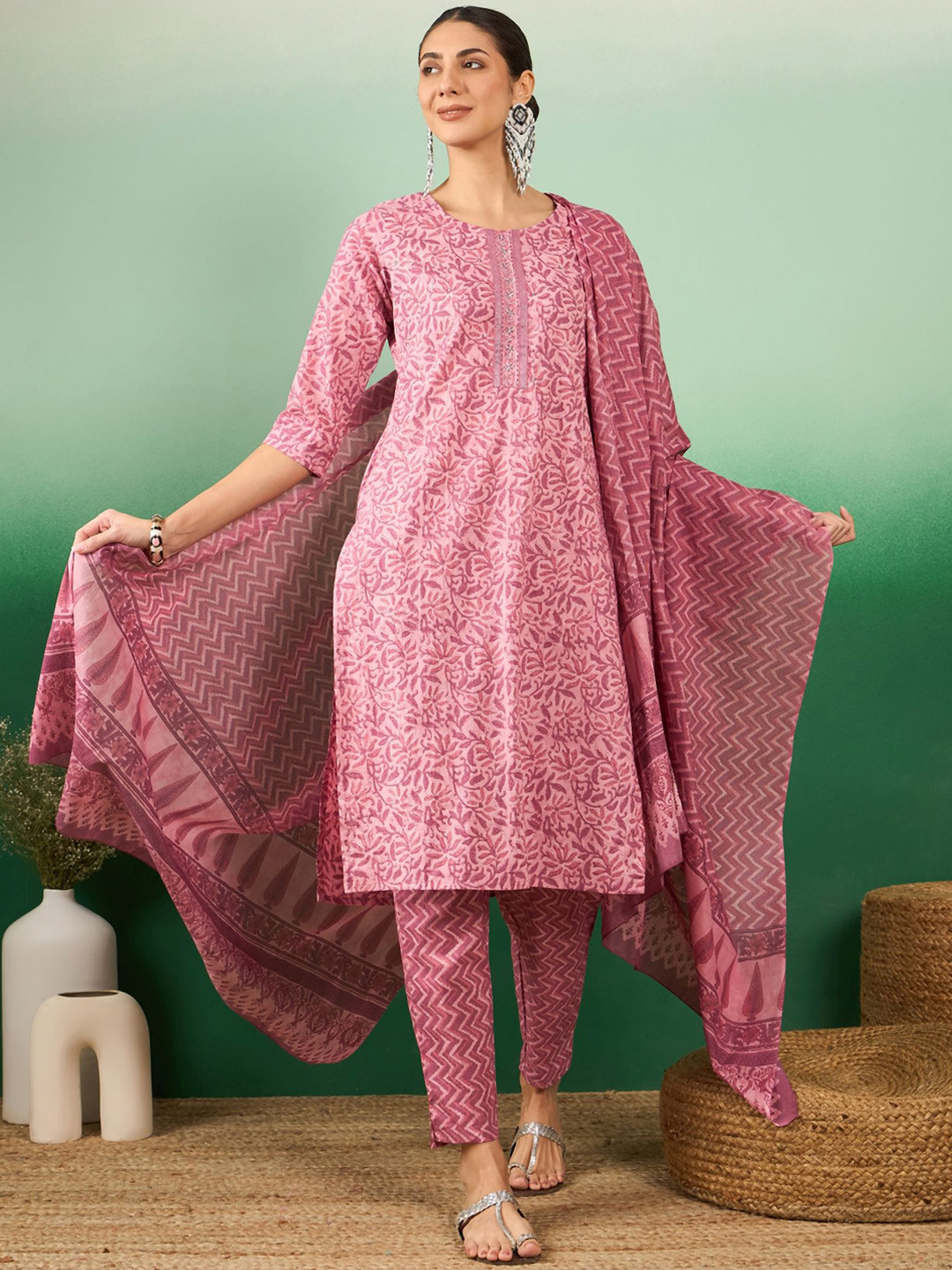 

KALINI Ethnic Motifs Printed Regular Pure Cotton Straight Kurta With Trousers & Dupatta, Coral