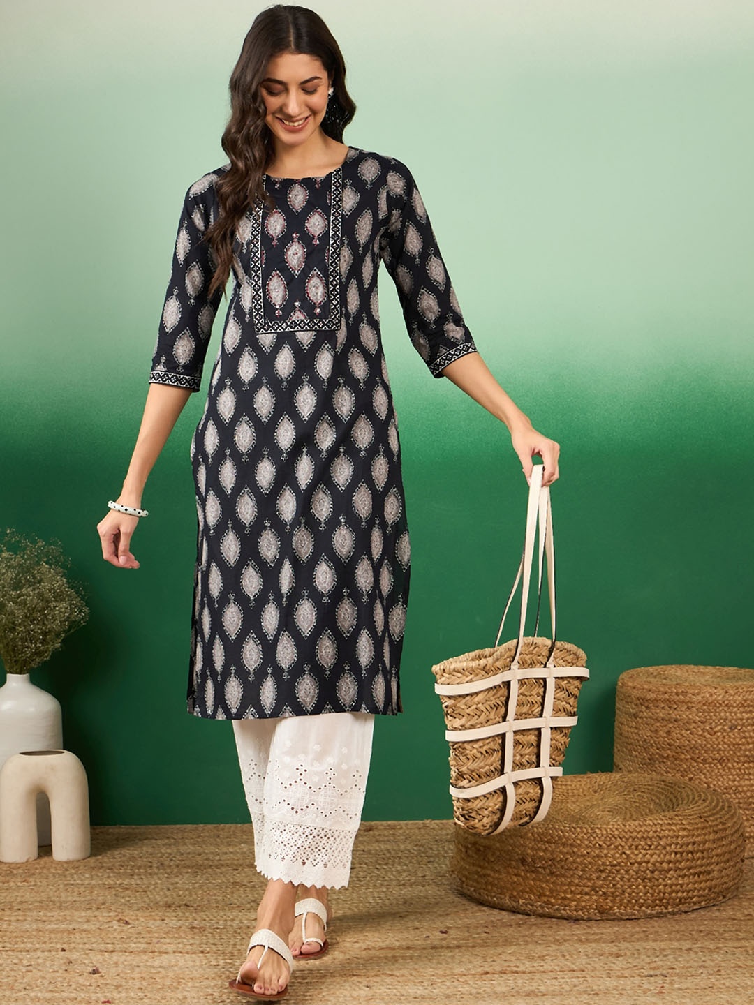 

KALINI Ethnic Motifs Printed Round Neck Thread Work Cotton Straight Kurta, Black