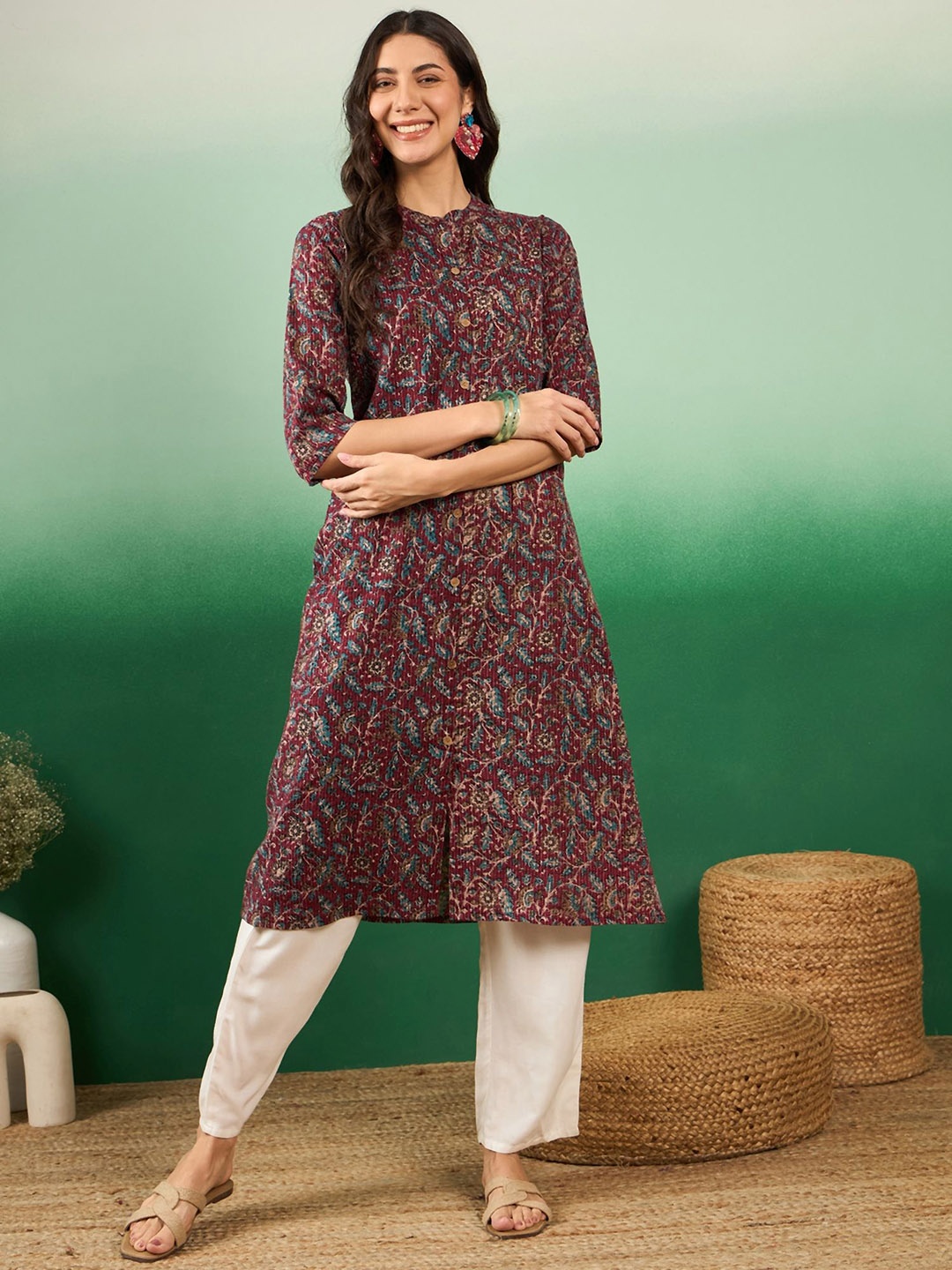 

KALINI Floral Printed Mandarin Collar Cotton A-Line Kurta, Maroon