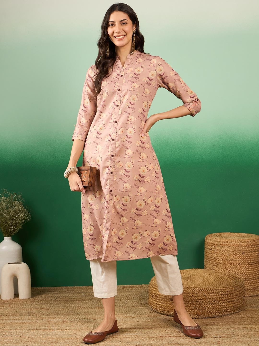 

KALINI Floral Printed Mandarin Collar Cotton A-line Kurta, Mauve