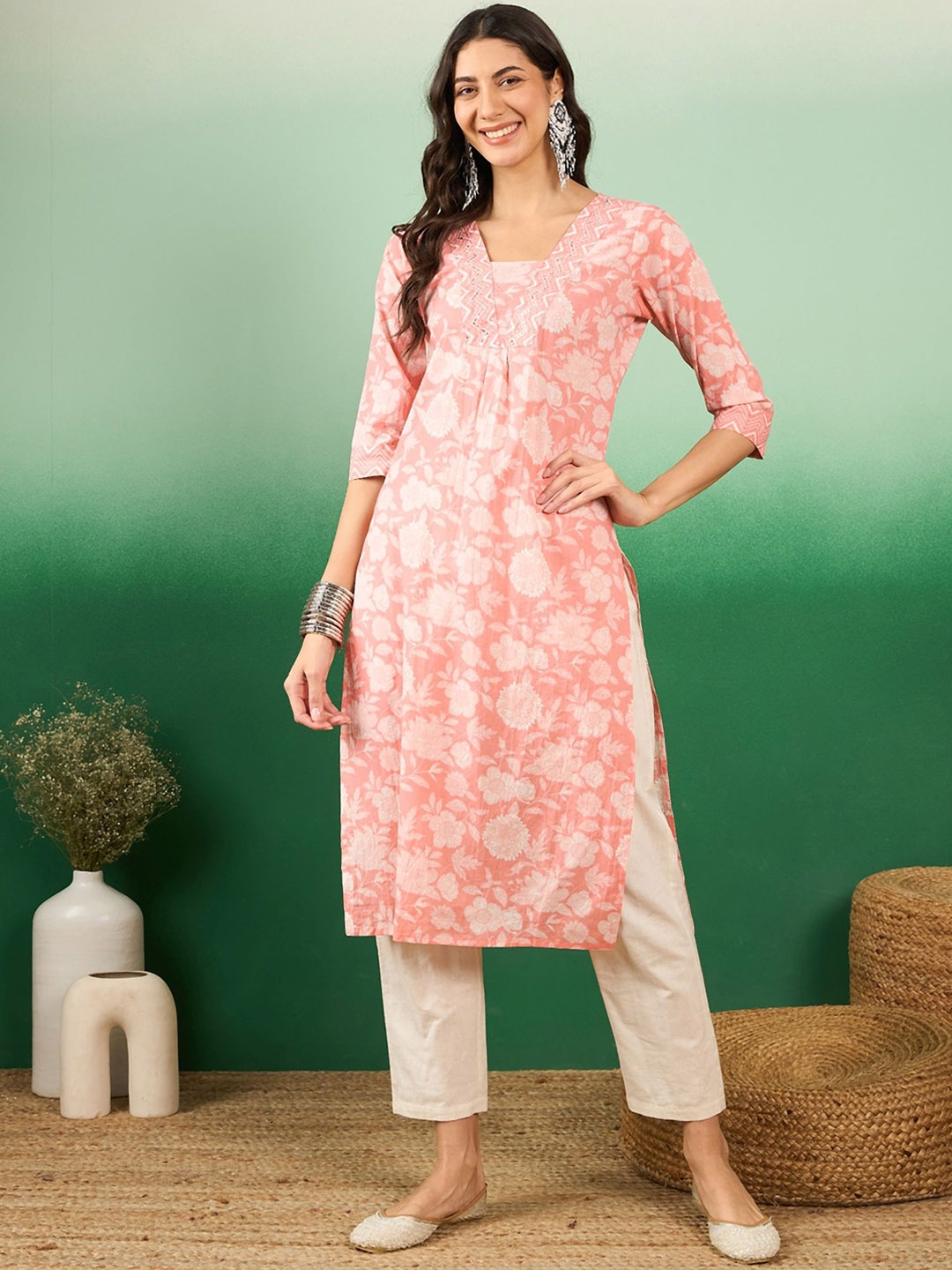 

KALINI Floral Printed Sequin Yoke Design Cotton Straight Kurta, Peach