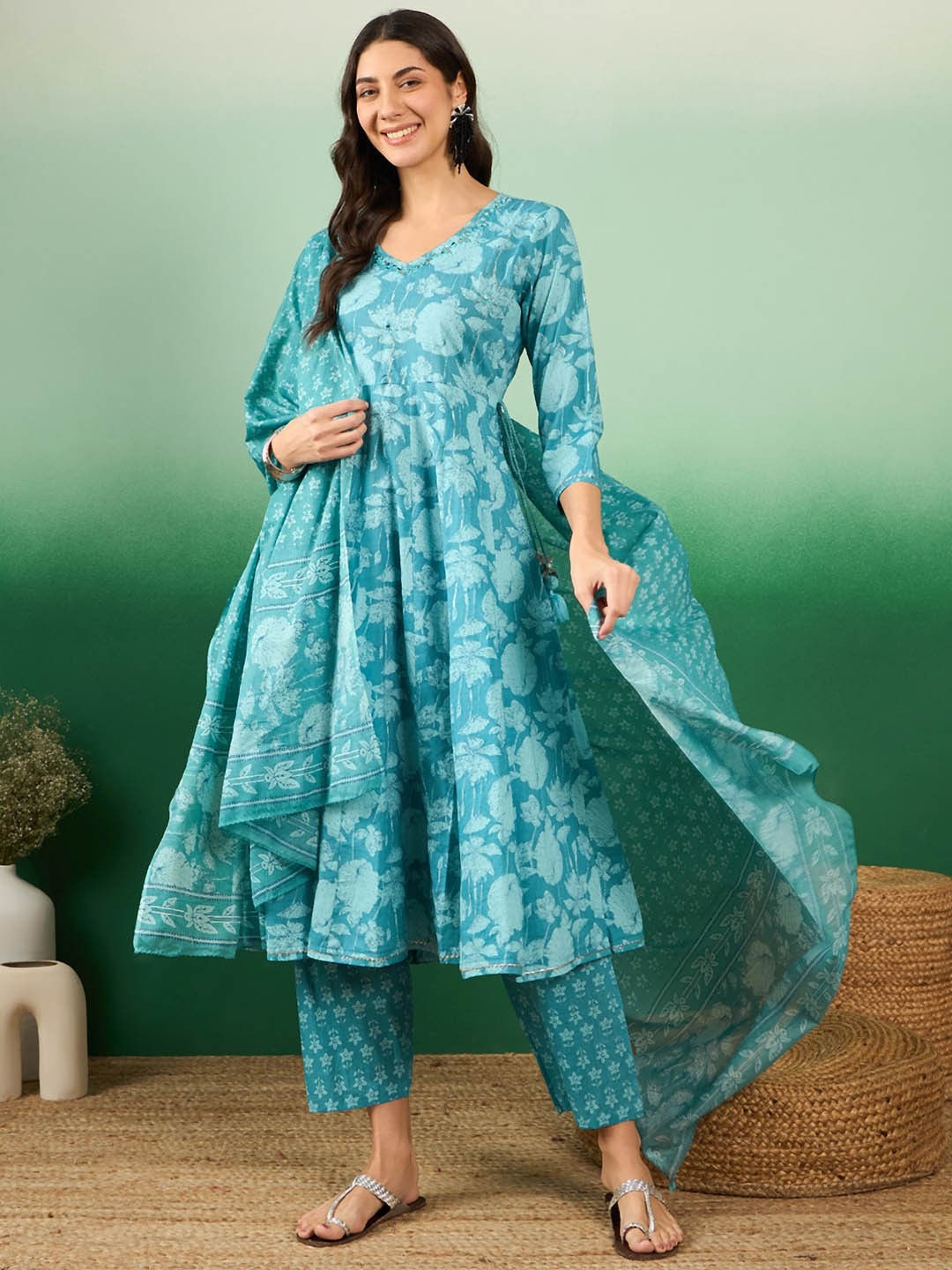 

KALINI Floral Printed V-Neck Pure Cotton Anarkali Kurta With Trousers & Dupatta, Sea green