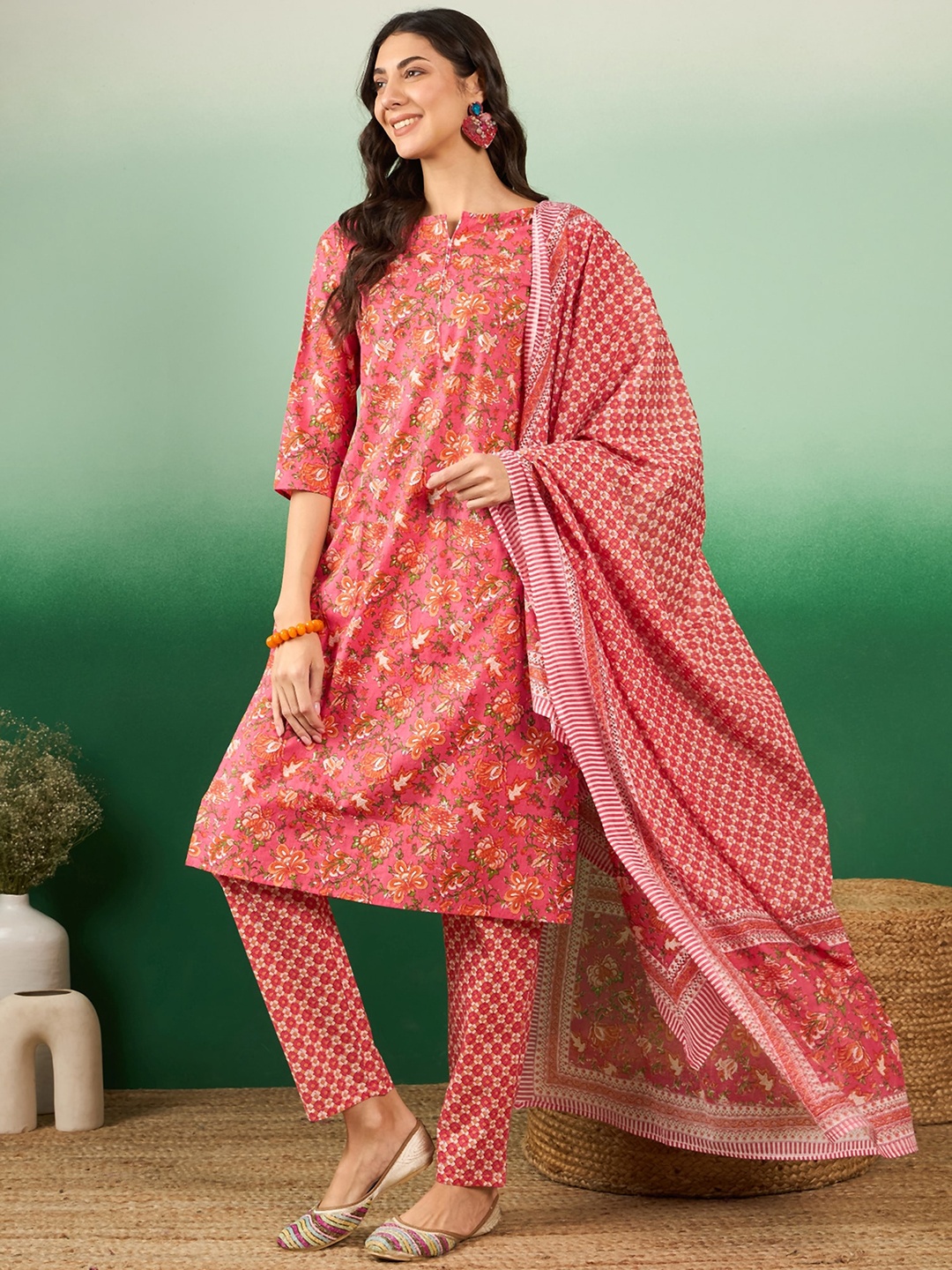

KALINI Floral Printed Regular Pure Cotton Straight Kurta With Trousers & Dupatta, Peach