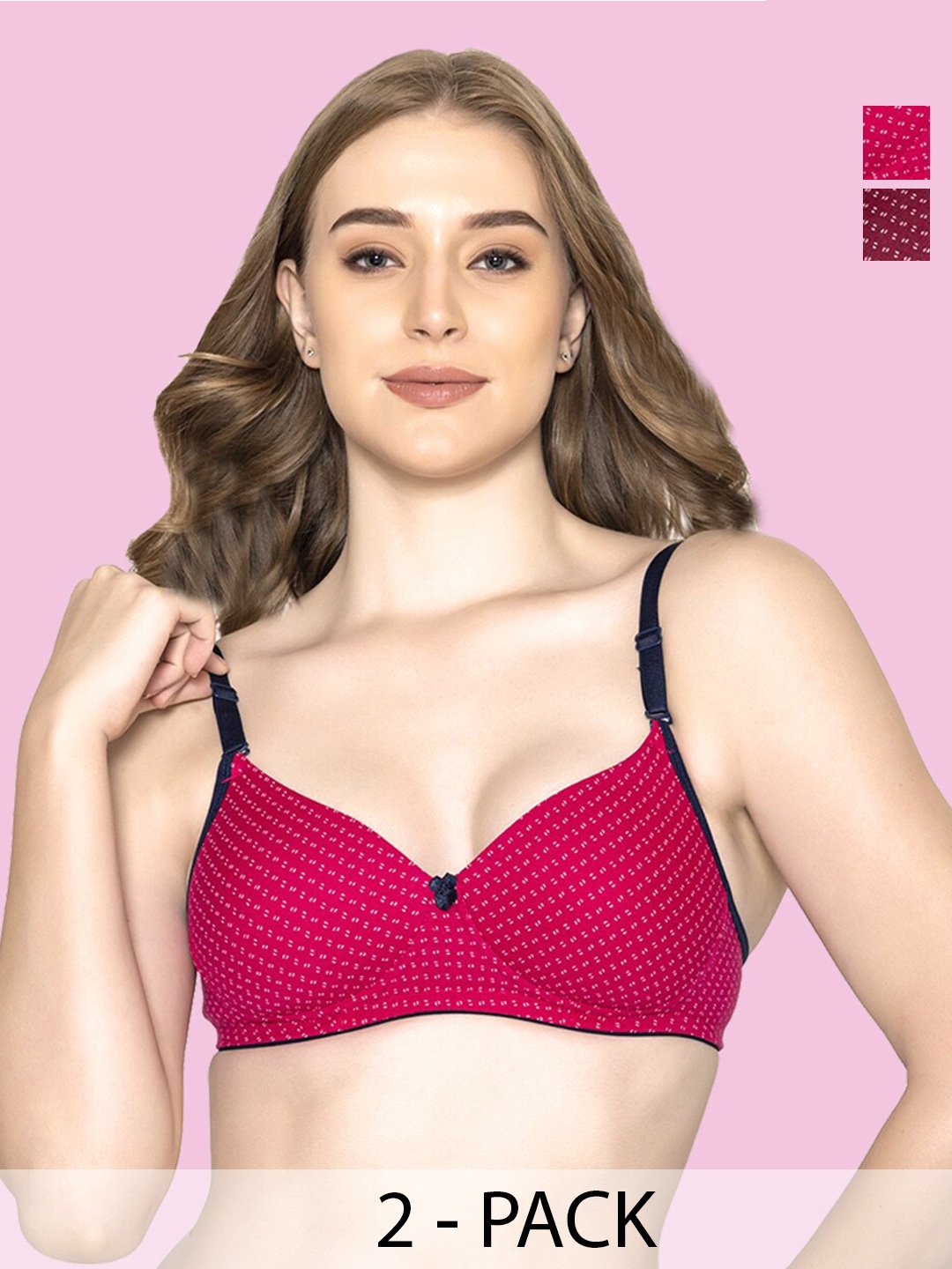 

B'ZAR Pack Of 2 Full Coverage Lightly Padded Cotton T-shirt Bras With All Day Comfort, Magenta