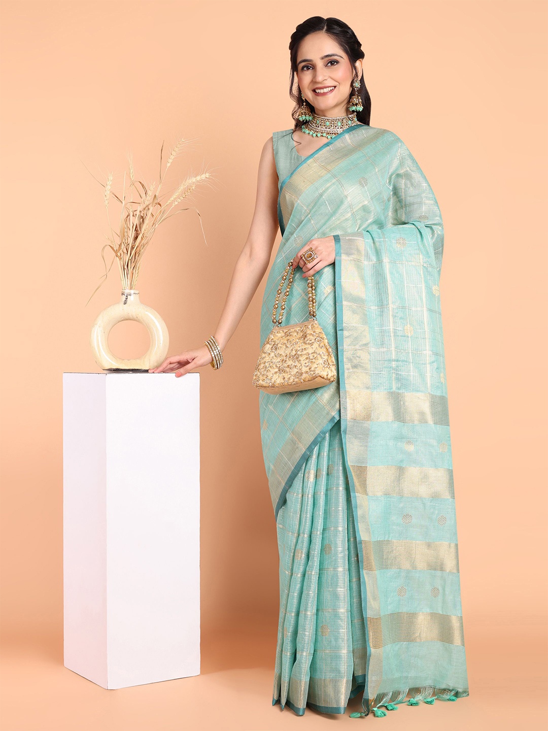 

MAGMINA Woven Design Zari Banarasi Saree, Turquoise blue