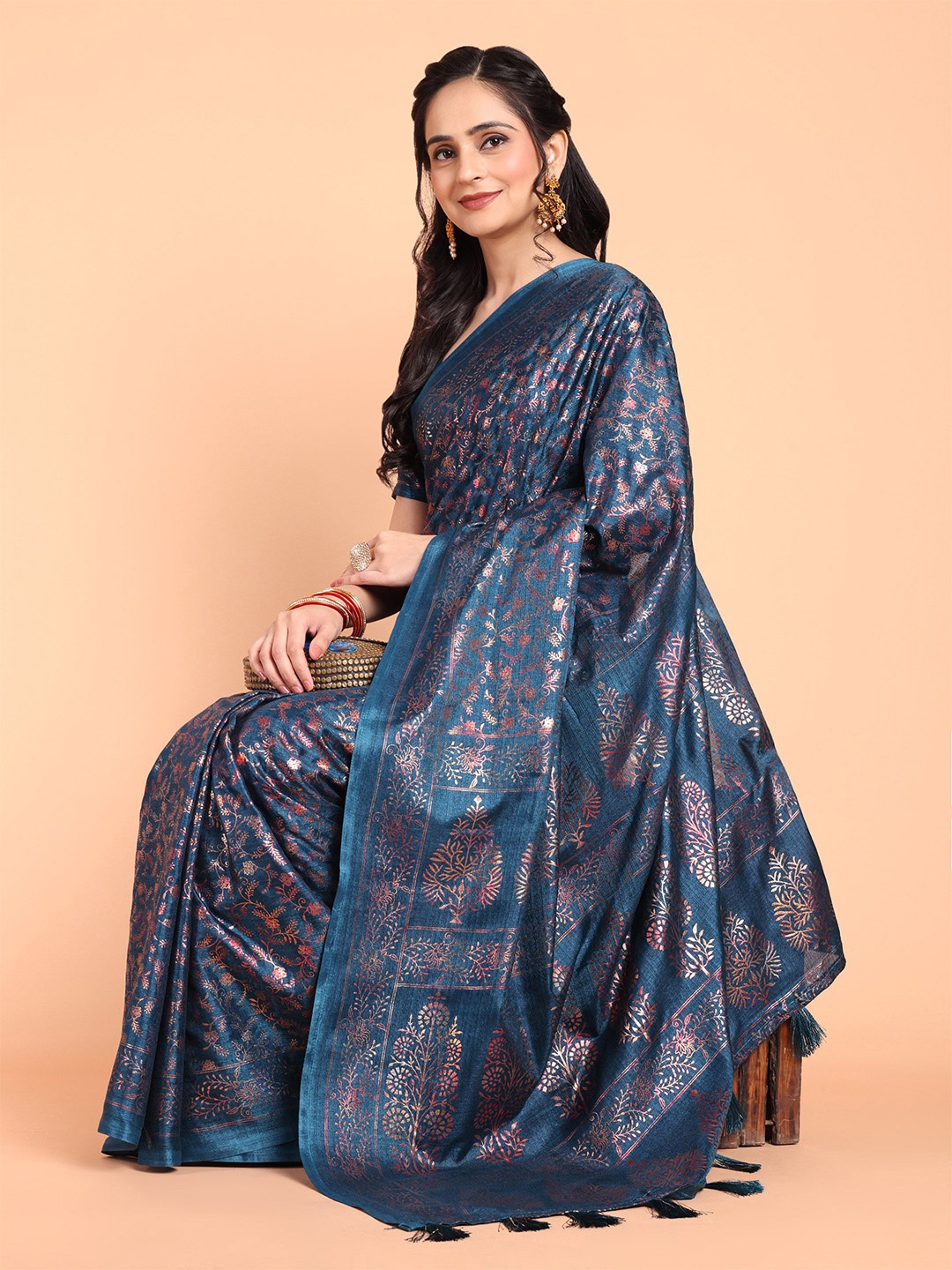 

MAGMINA Floral Banarasi Saree, Turquoise blue