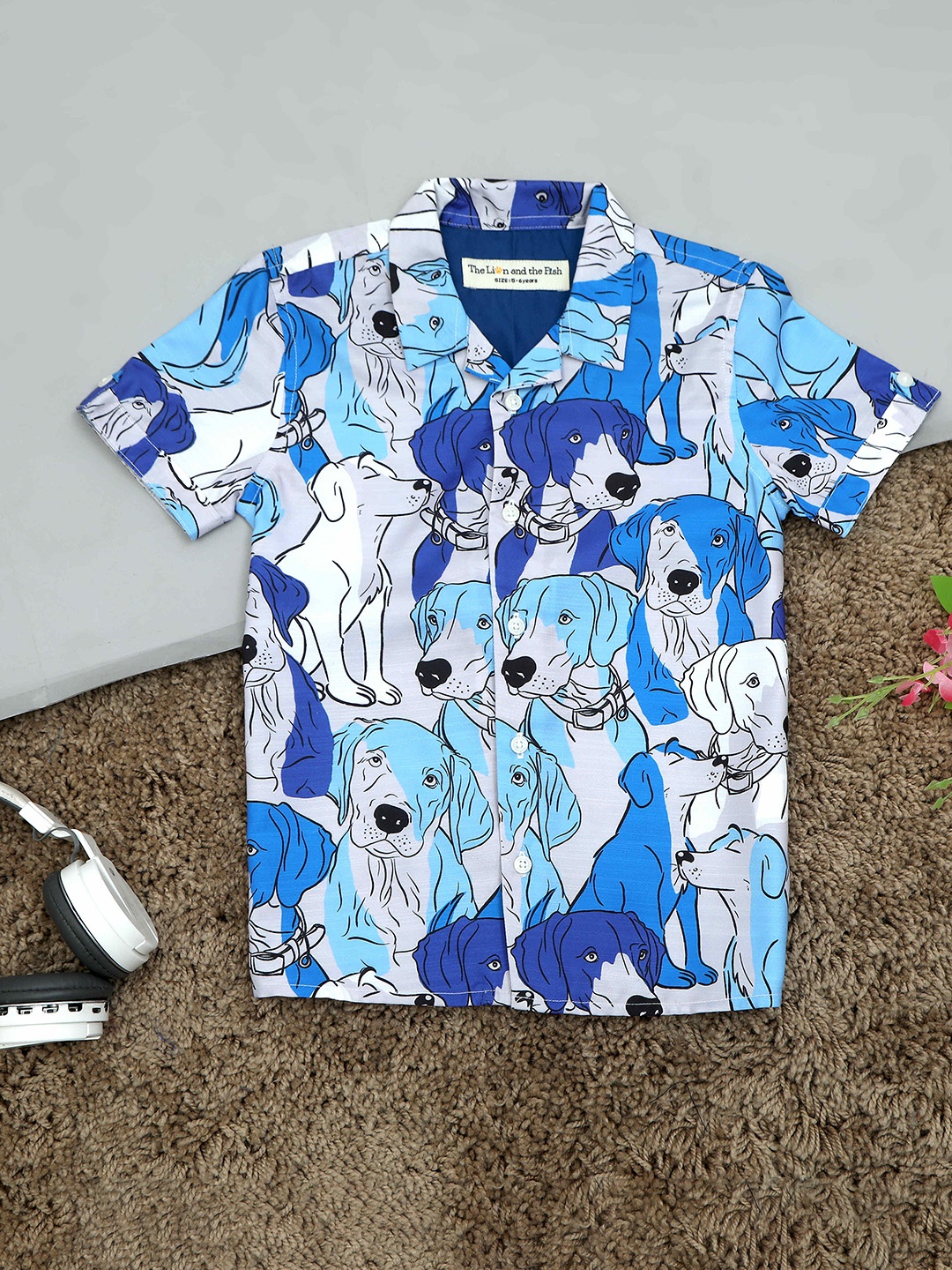 

The Lion and The Fish Boys Comfort Printed Cuban Collar Casual Shirt, Blue