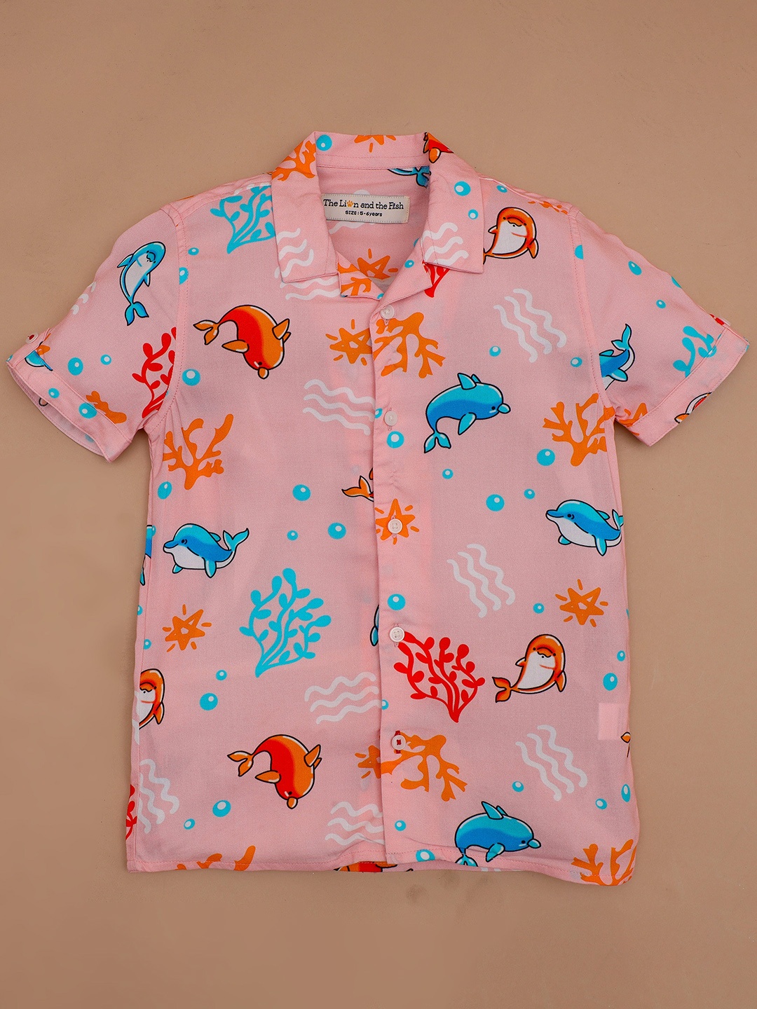 

The Lion and The Fish Boys Comfort Printed Cuban Collar Casual Shirt, Peach