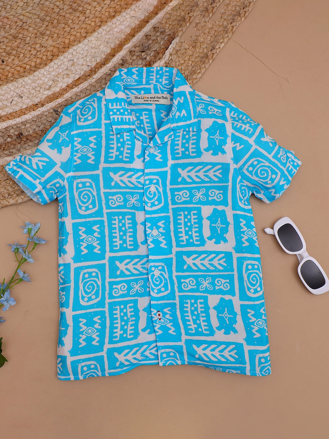 

The Lion and The Fish Boys Comfort Printed Cuban Collar Casual Shirt, Blue