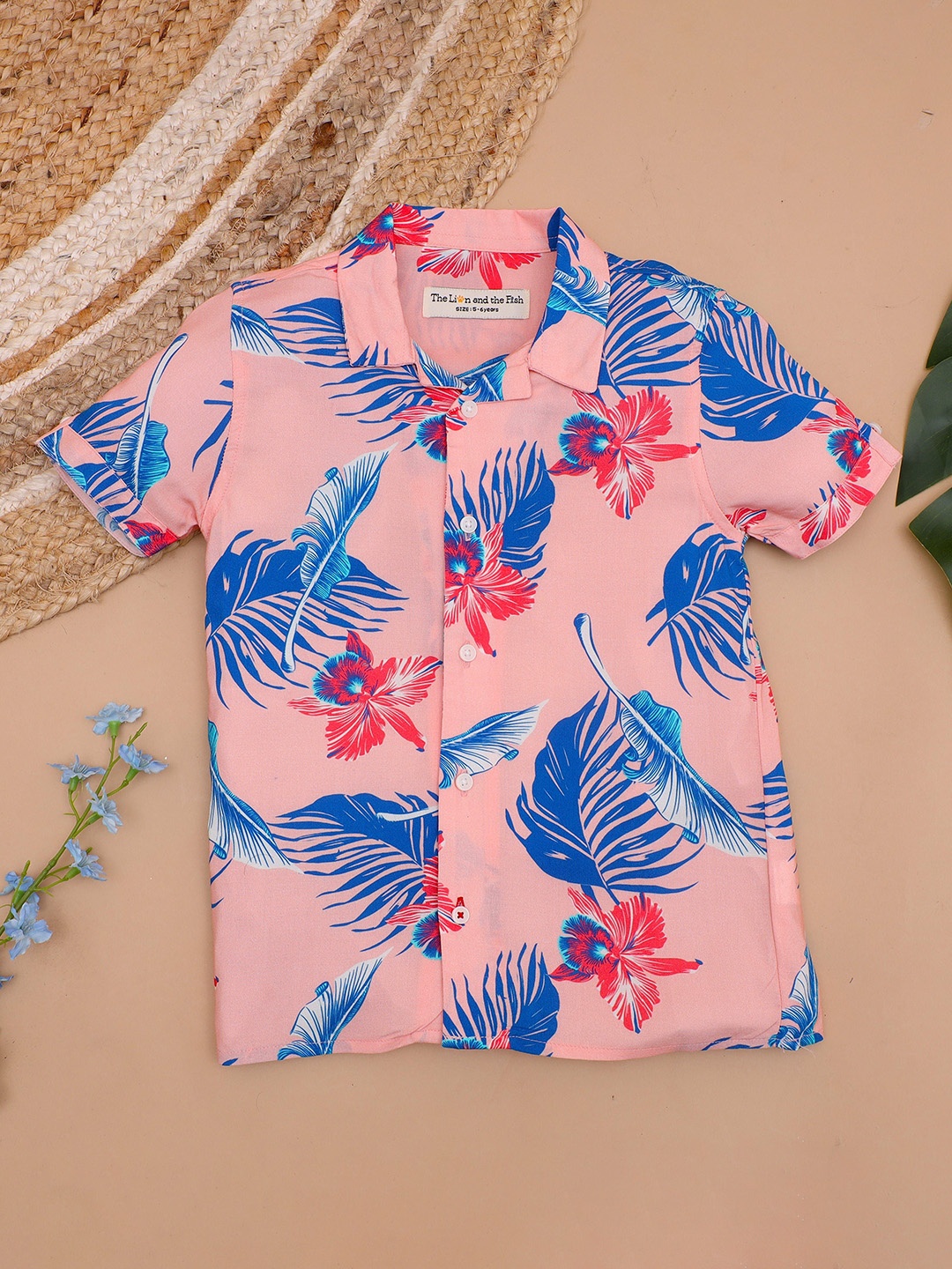 

The Lion and The Fish Boys Comfort Printed Cuban Collar Casual Shirt, Pink