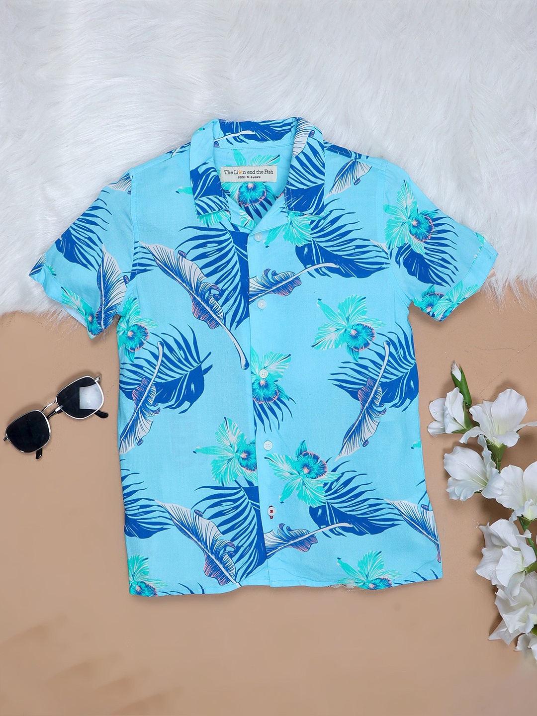 The Lion and The Fish Boys Floral Printed Comfort Relaxed Fit Shirt, Blue