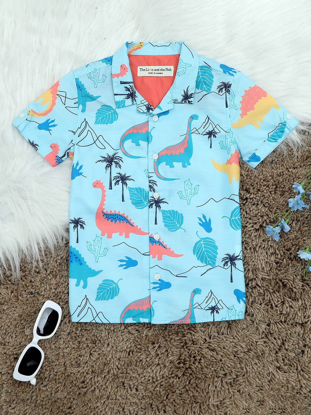 

The Lion and The Fish Boys Comfort Printed Cuban Collar Casual Shirt, Blue