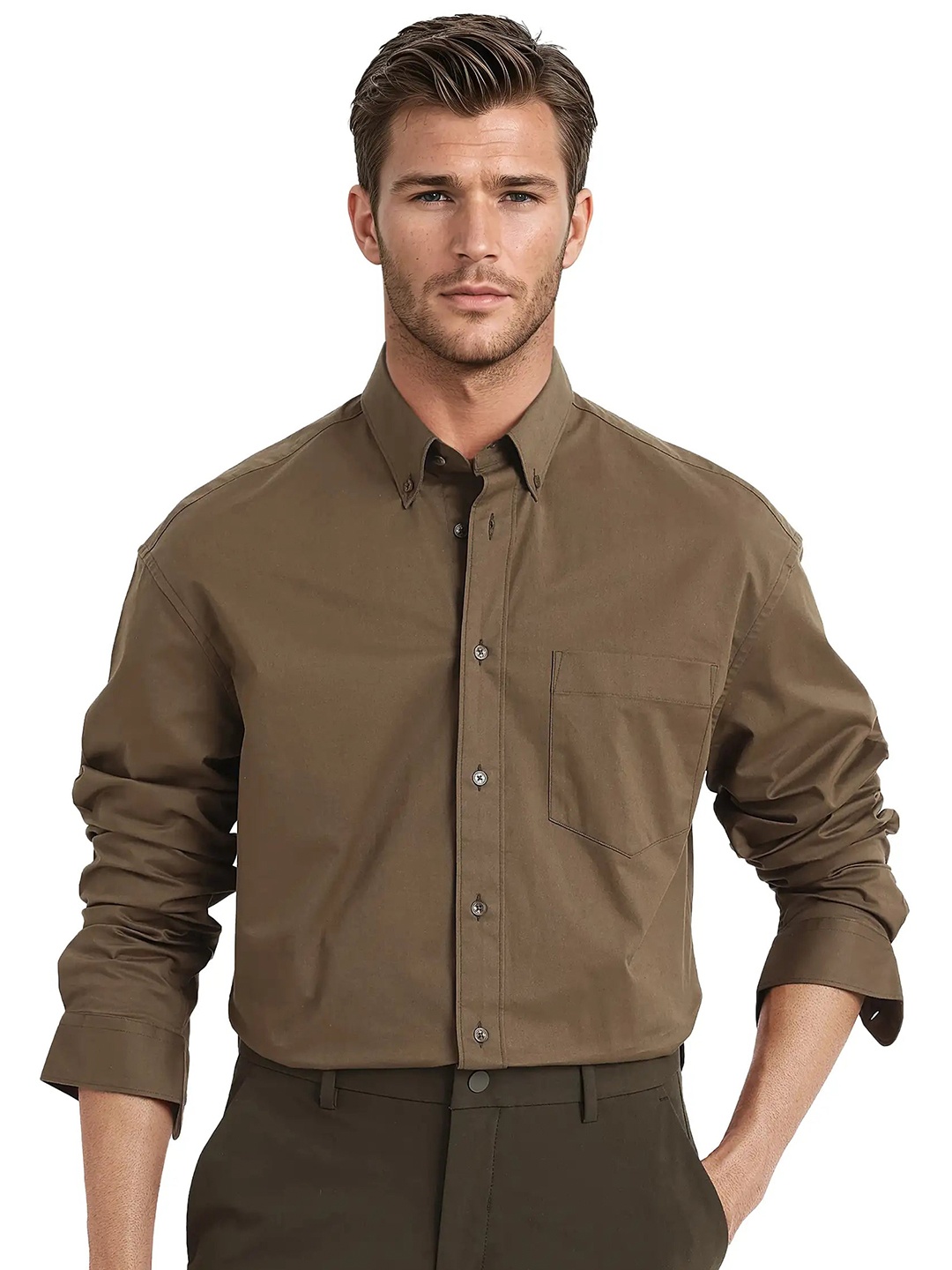 

RARE RABBIT Men Zord Boxy Spread Collar Shirt, Brown
