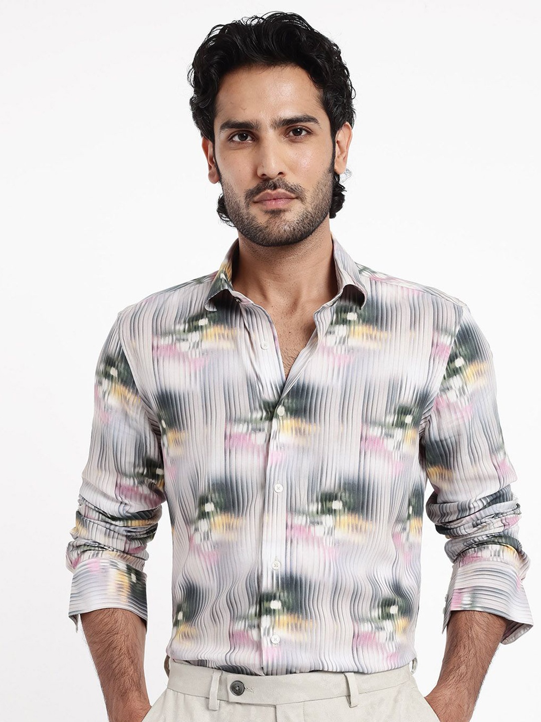 

RARE RABBIT Men Delune Spread Collar Regular Fit Printed Shirt, Grey