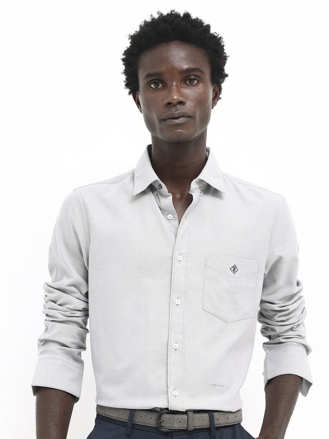 RARE RABBIT Men Oxfom Regular Fit Solid Spread Collar Shirt, Grey