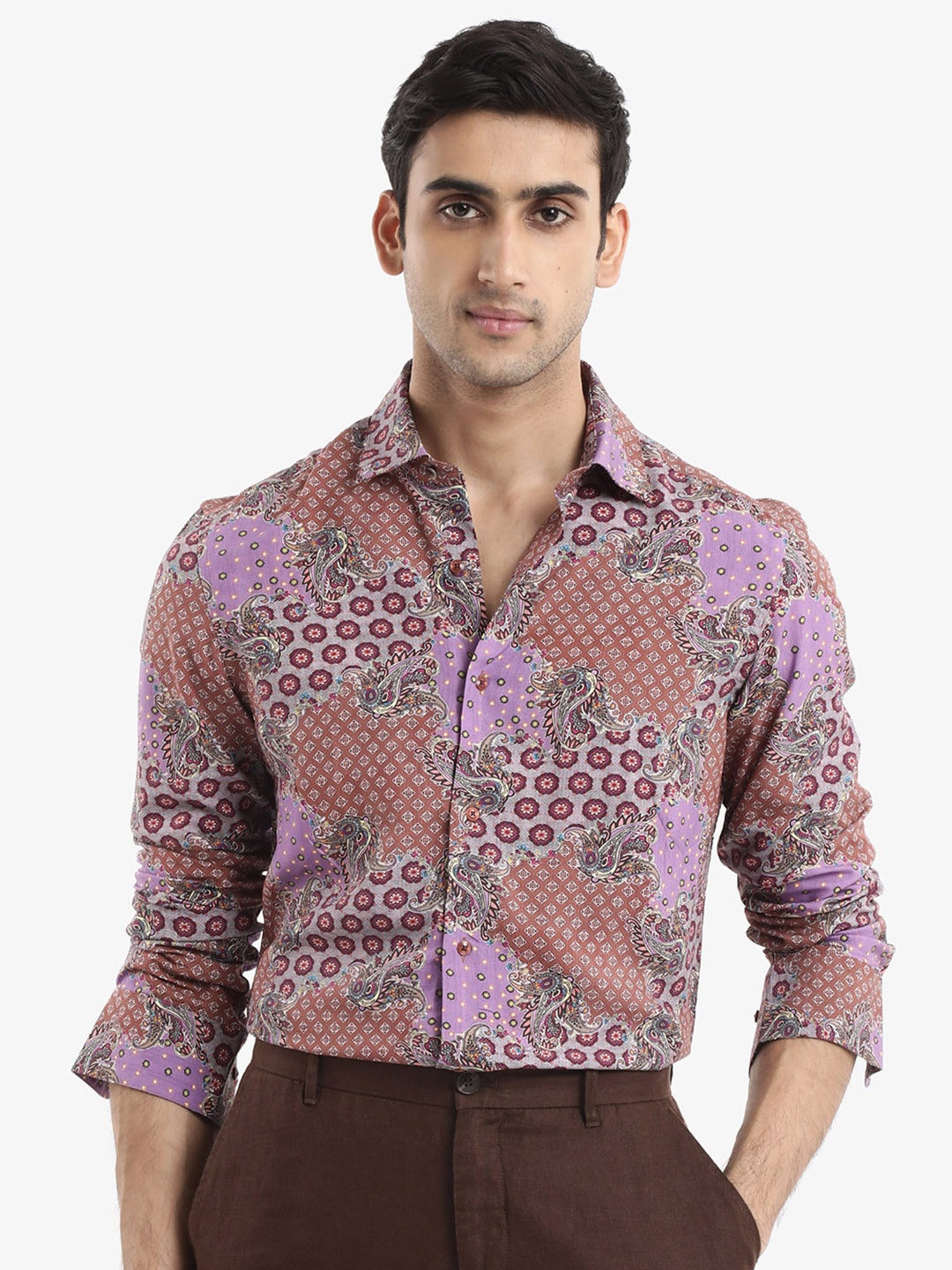 

RARE RABBIT Men Onslo Ls Regular Fit Floral Printed Spread Collar Shirt, Brown