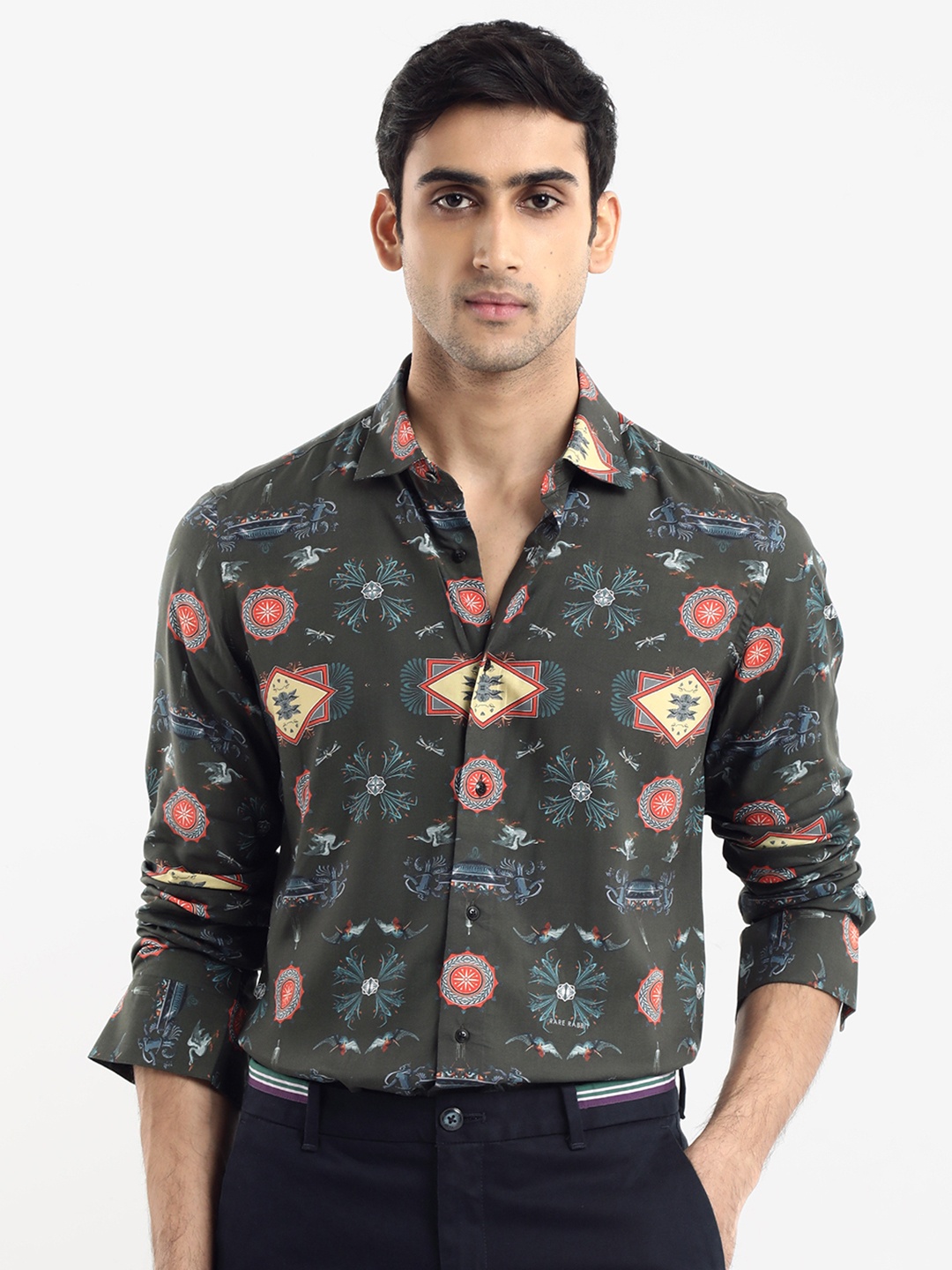 

RARE RABBIT Men Algol Regular Fit Spread Collar Floral Printed Shirt, Olive