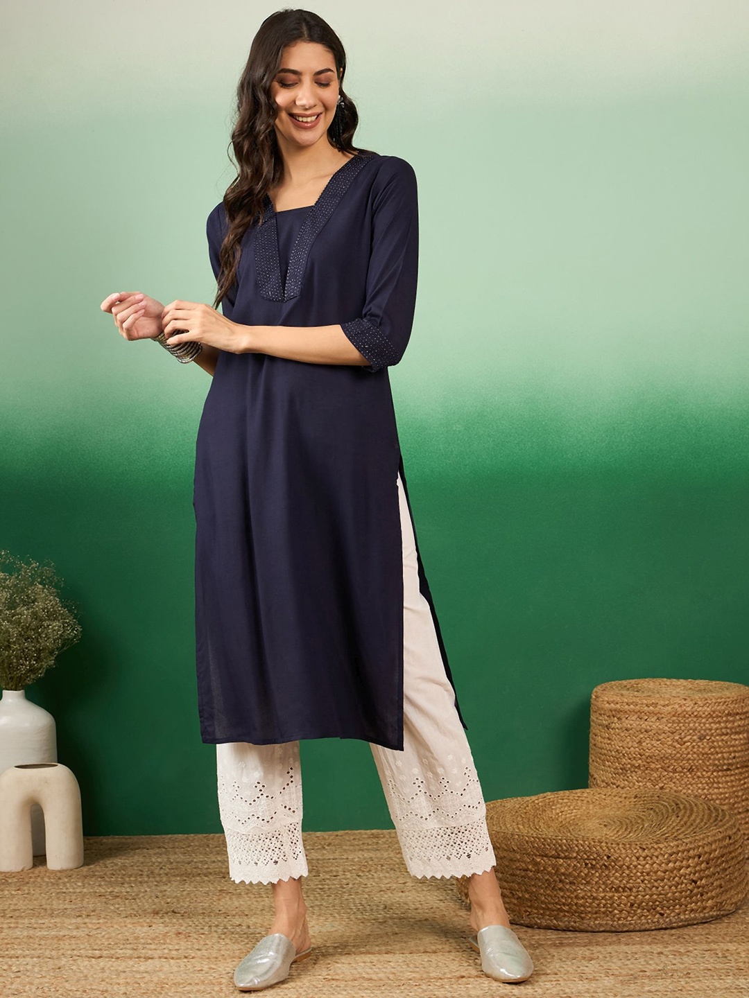 

Vastramyaa Square Neck Thread Work Straight Kurta, Navy blue