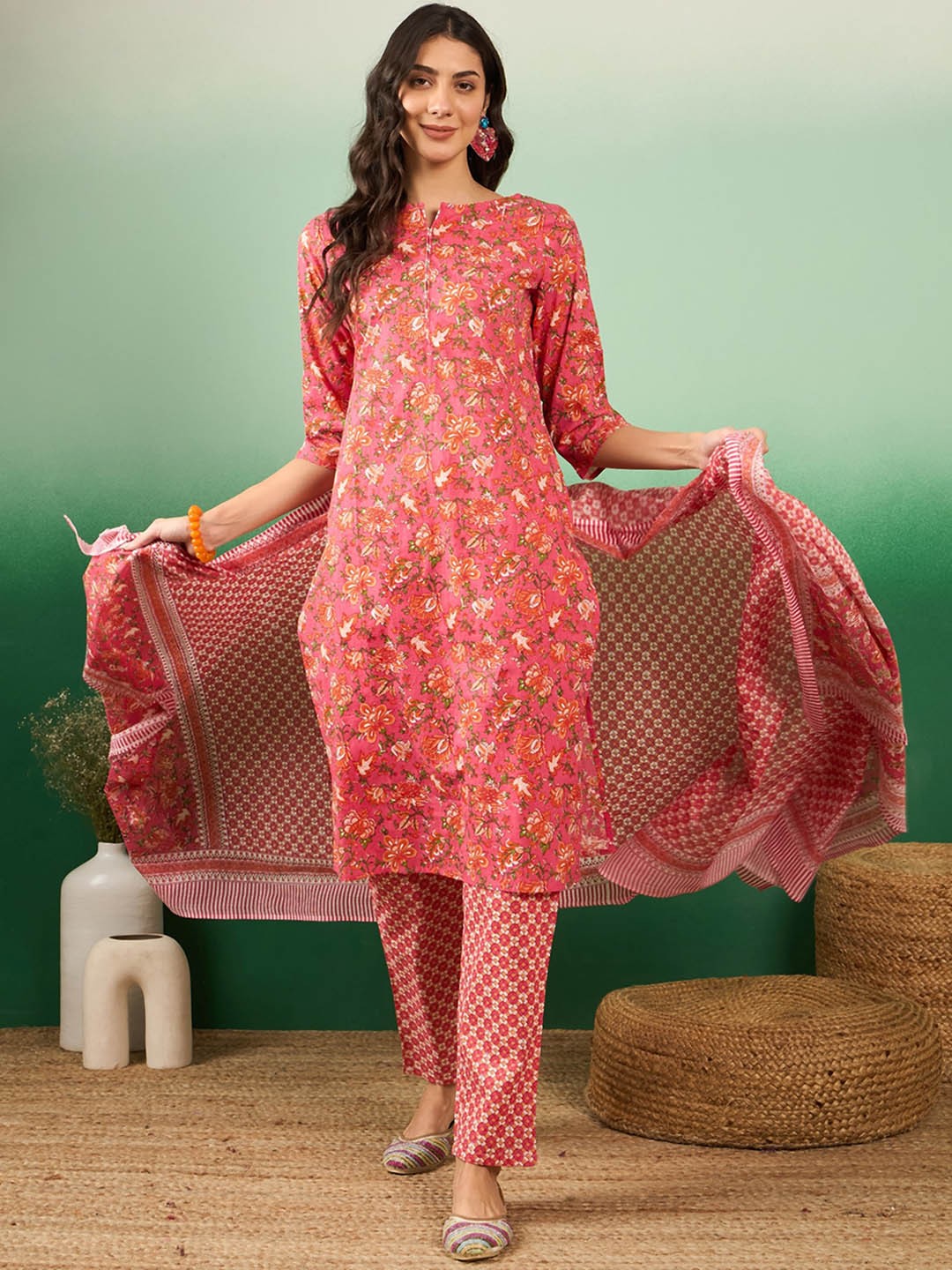

Vastramyaa Floral Printed Notch Neck Pure Cotton Straight Kurta With Trousers & Dupatta, Peach