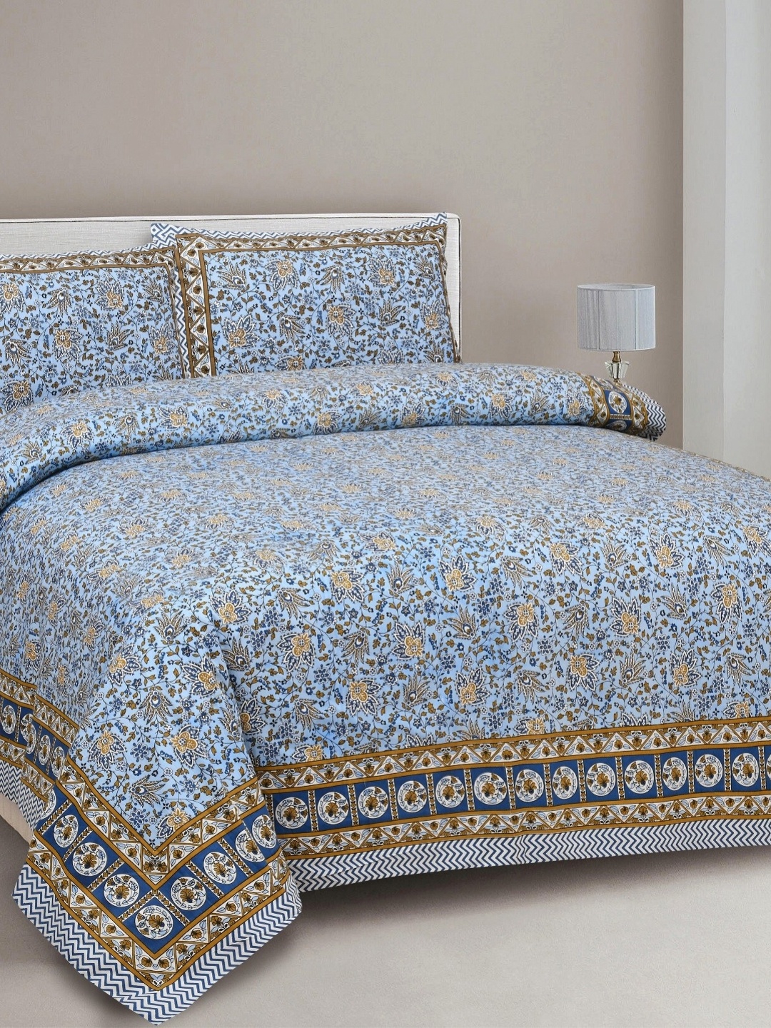 

Aura Blue & Brown Ethnic Motifs 144 TC King Bedsheet With 2 Pillow Covers