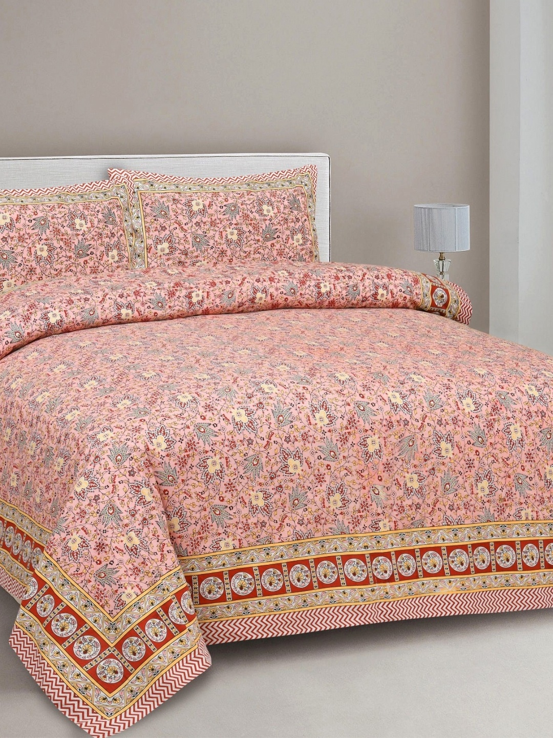 

Aura Pink & Yellow Ethnic Motifs 144 TC King Bedsheet With 2 Pillow Covers