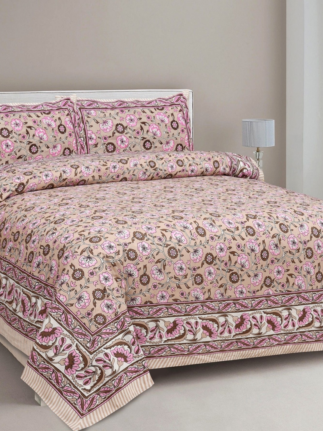 

Aura Beige & Brown Ethnic Motifs 144 TC King Bedsheet With 2 Pillow Covers
