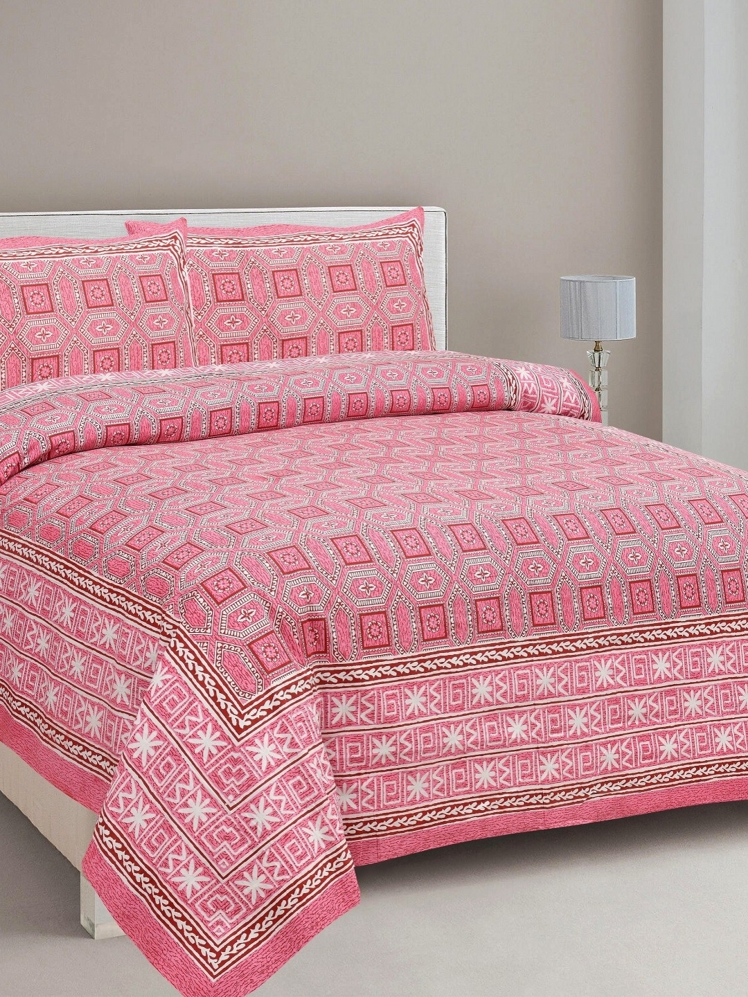 

Aura Pink & White Ethnic Motifs 144 TC King Bedsheet with 2 Pillow Covers