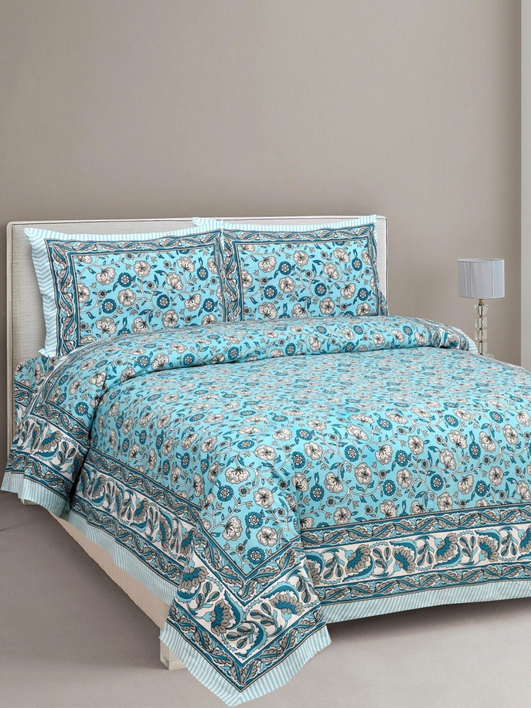 

Aura Turquoise Blue & White Ethnic Motifs 144 TC King Bedsheet With 2 Pillow Covers