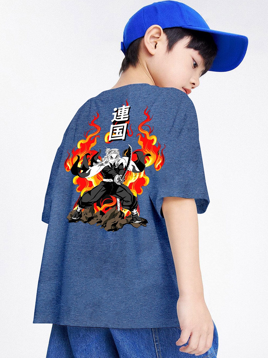 

BAESD anime Boys Printed Oversized Round Neck T-shirt, Blue