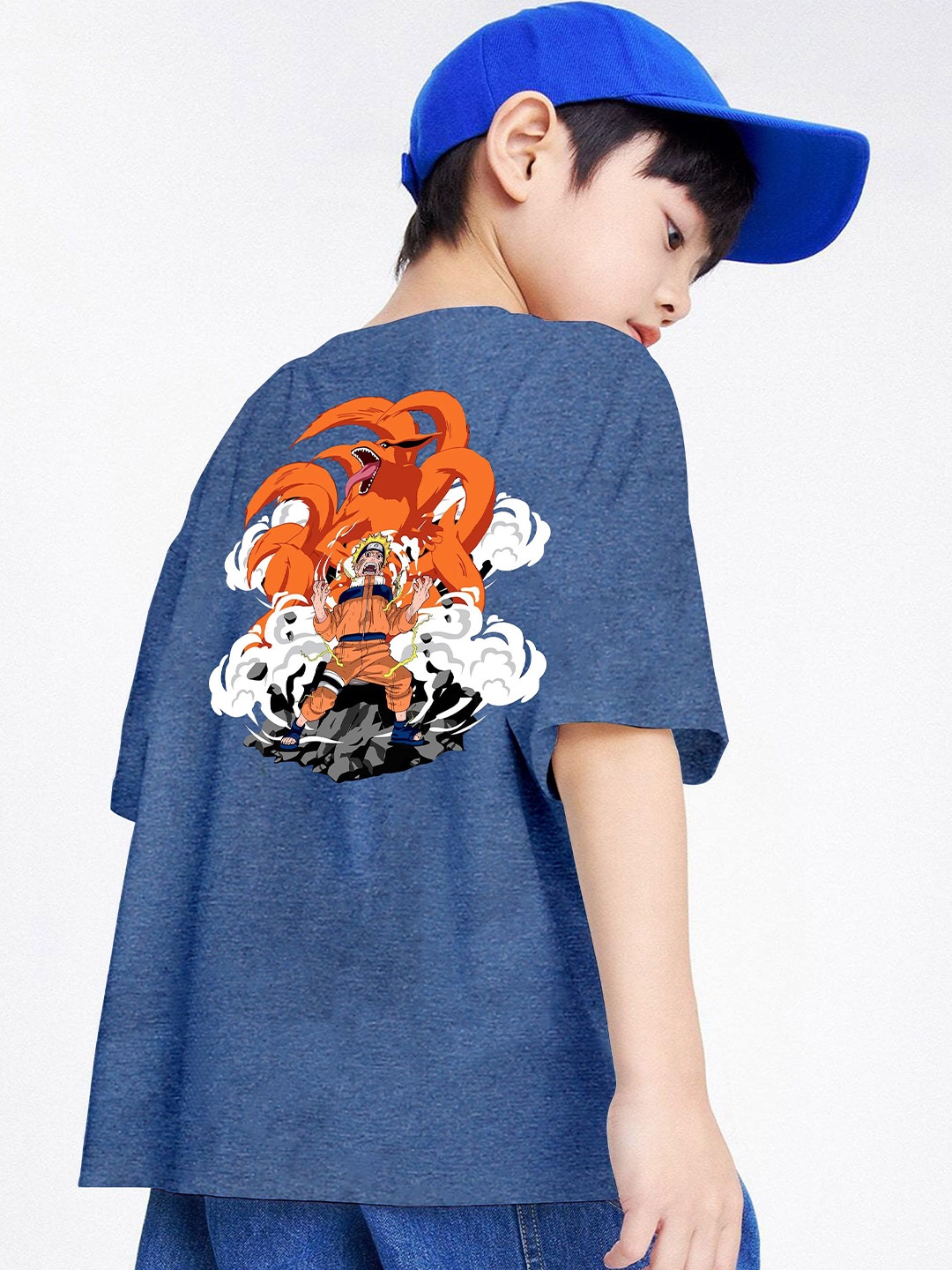 

BAESD anime Boys Printed Oversized Round Neck T-shirt, Blue