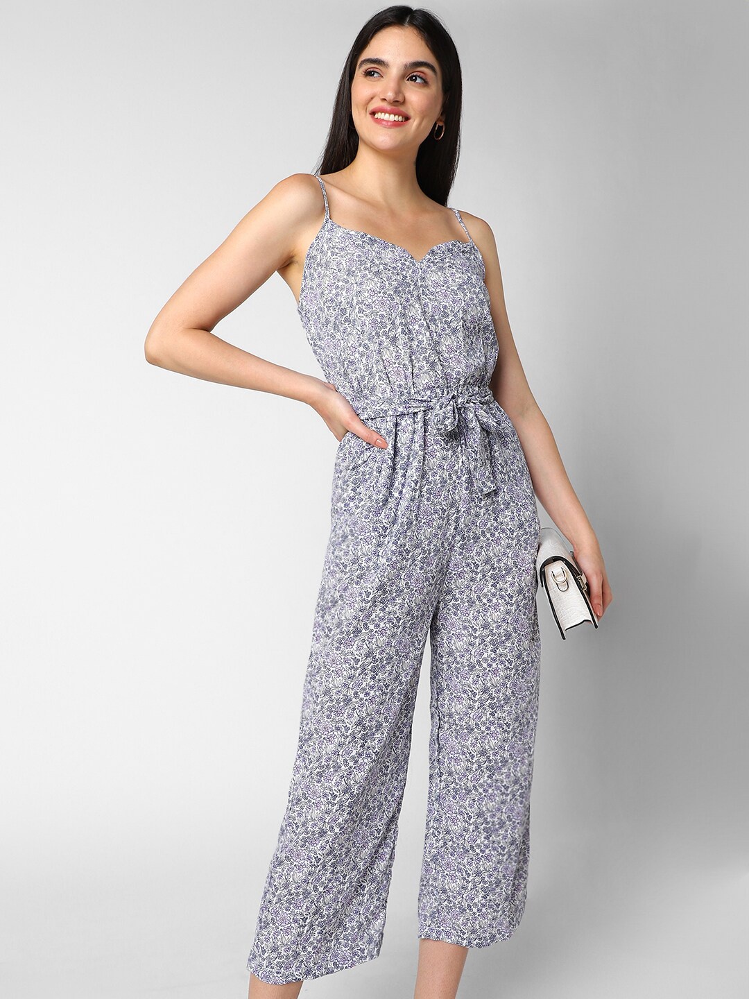 

VASTRADO Printed Shoulder Straps Waist Tie Ups Cotton Jumpsuit, Grey