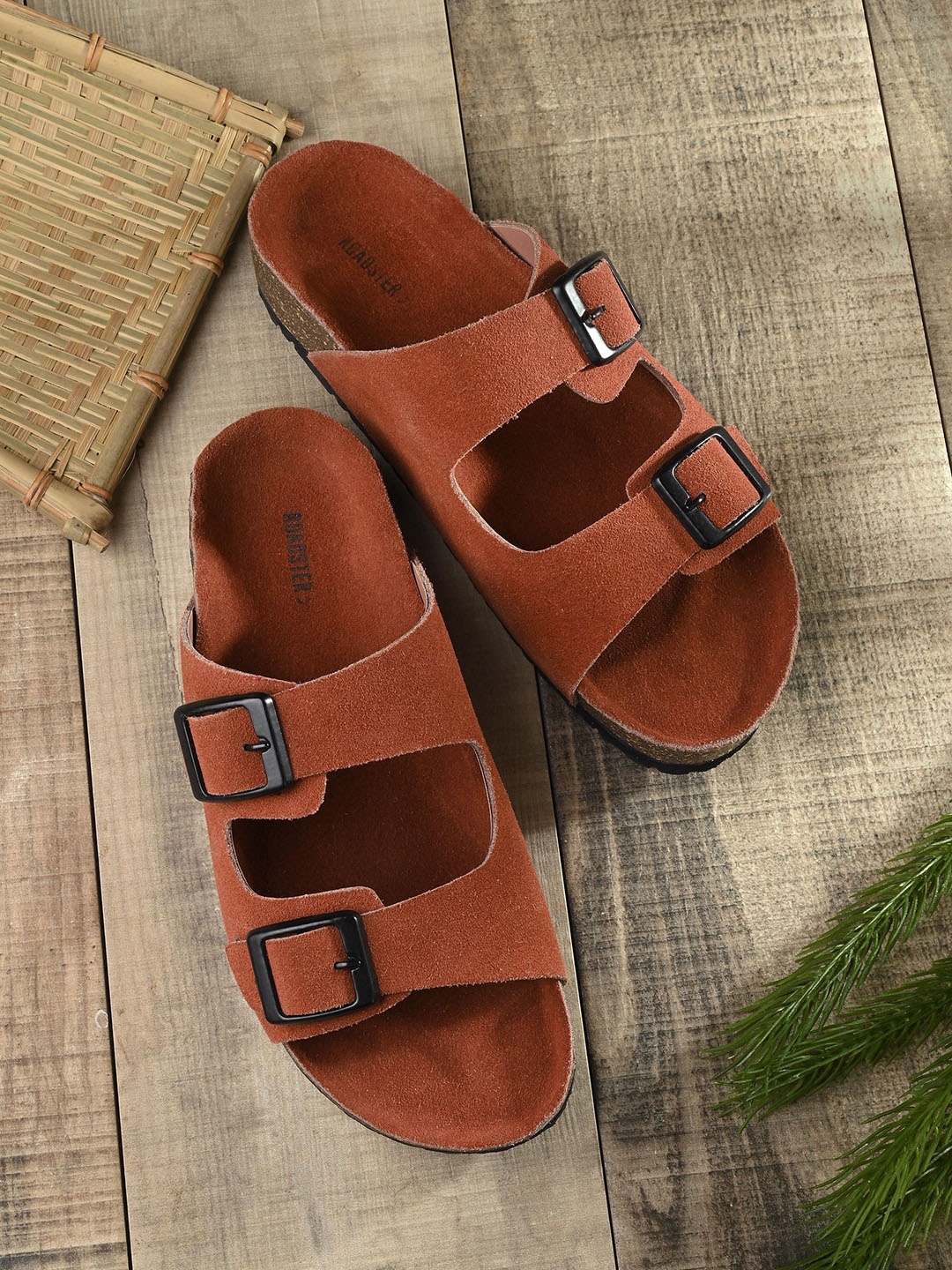 

The Roadster Lifestyle Co. Solid Leather Round Open Toe Flats, Brown