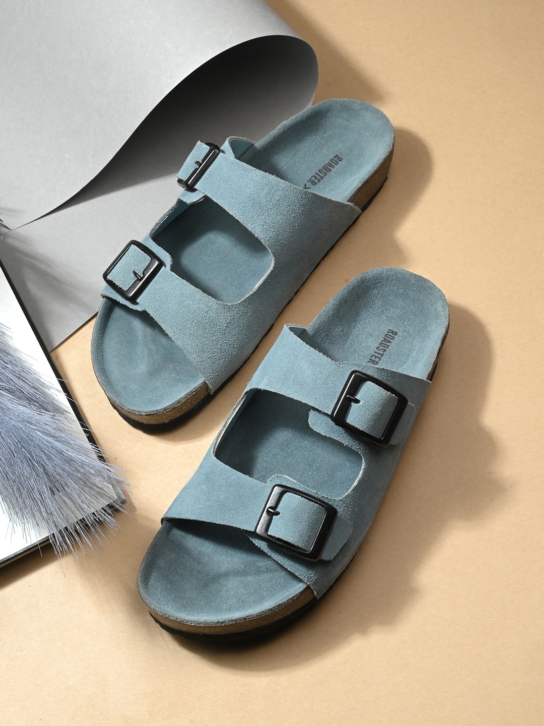 

The Roadster Lifestyle Co. Women Blue Leather Open Toe Flats with Buckles
