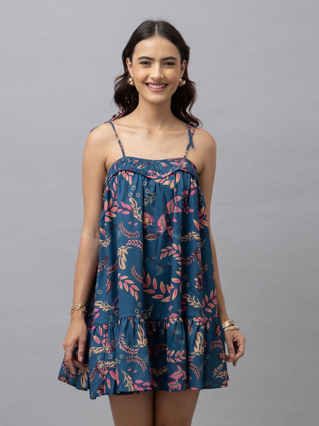 

HAUTEQUE Floral Print Shoulder Straps A-Line Mini Dress, Blue