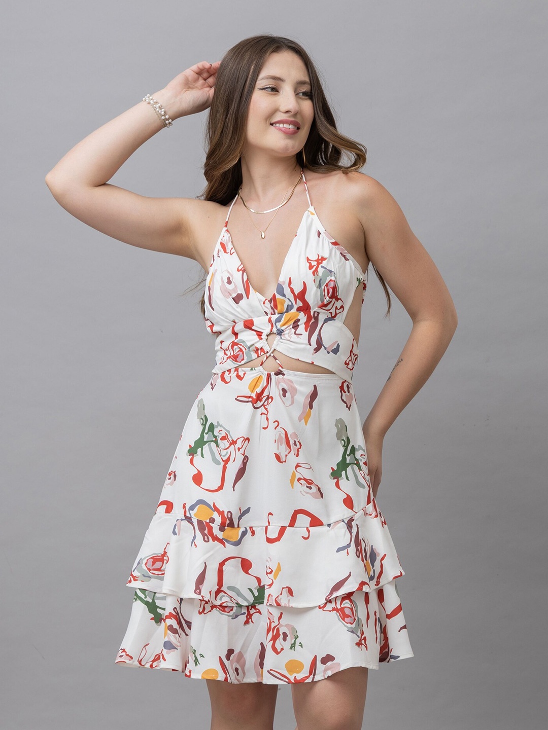 

HAUTEQUE Abstract Print Halter Neck Cut-Outs Fit & Flare Dress, White