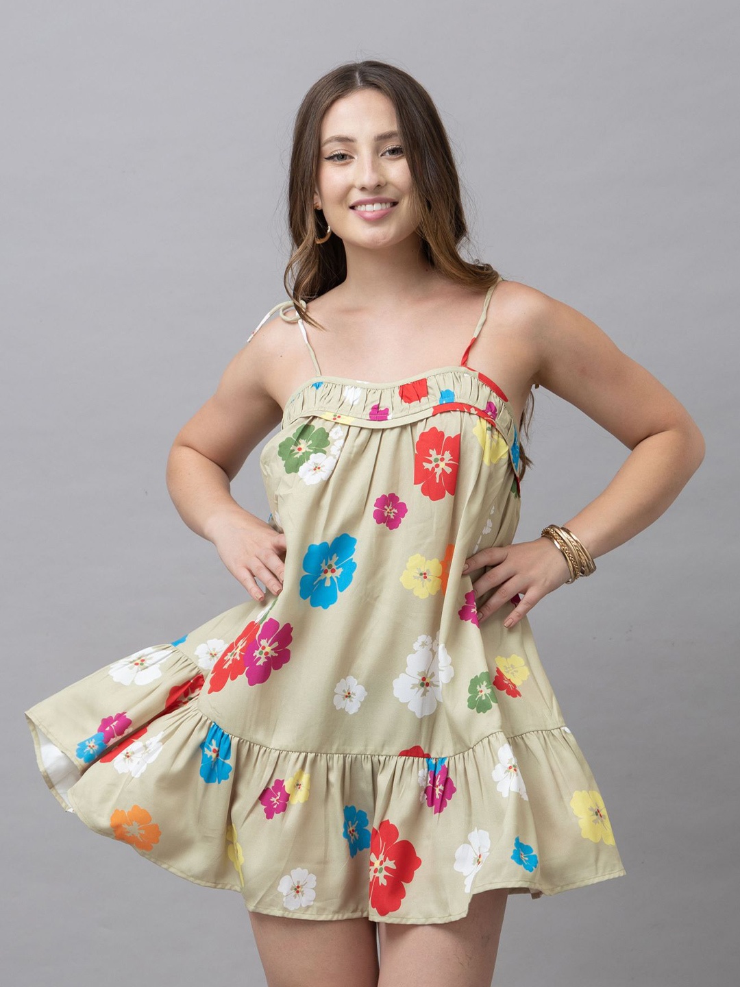 

HAUTEQUE Floral Printed A-Line Mini Dress, Olive