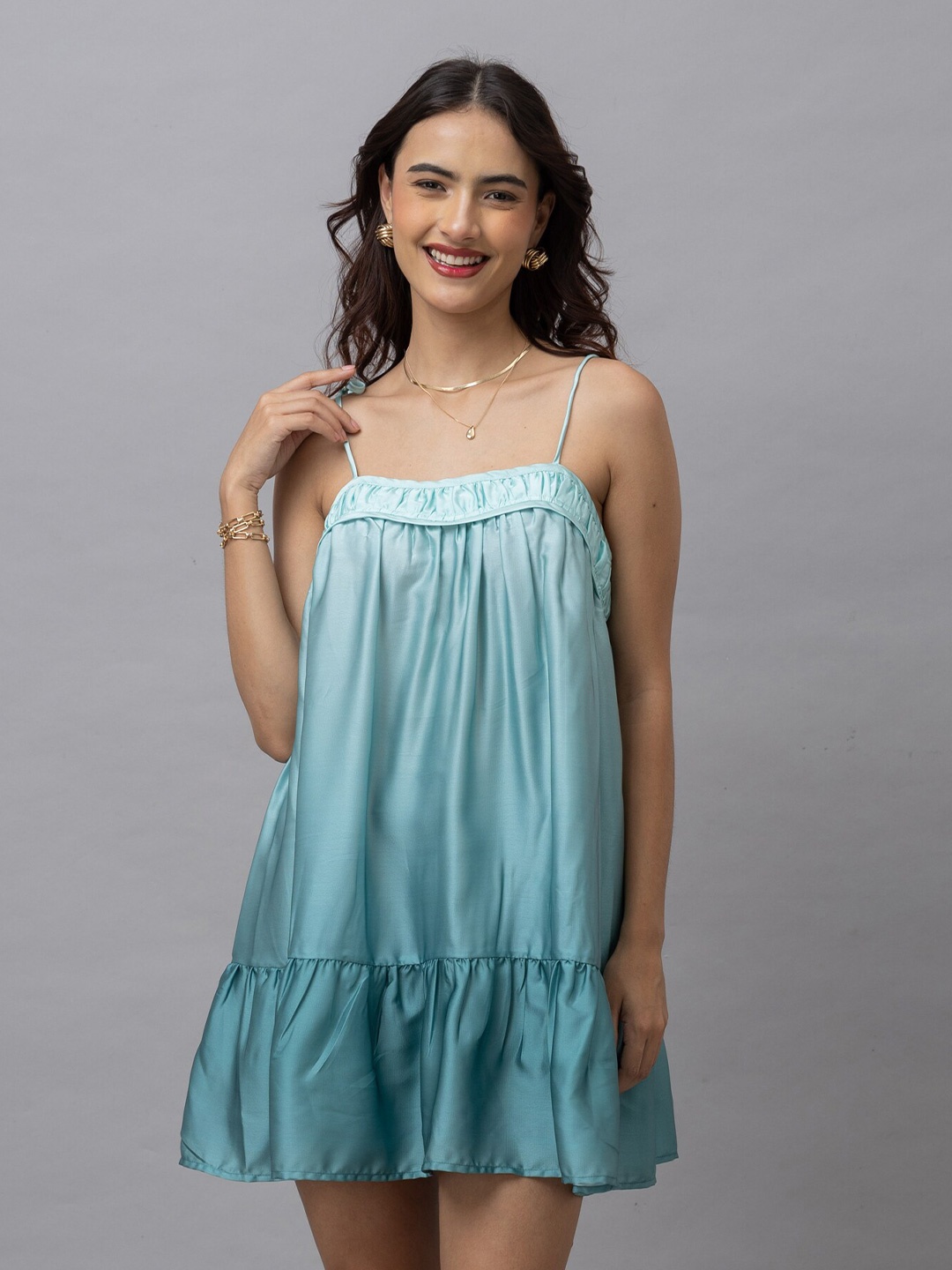 

HAUTEQUE Shoulder Straps A-Line Mini Dress, Sea green